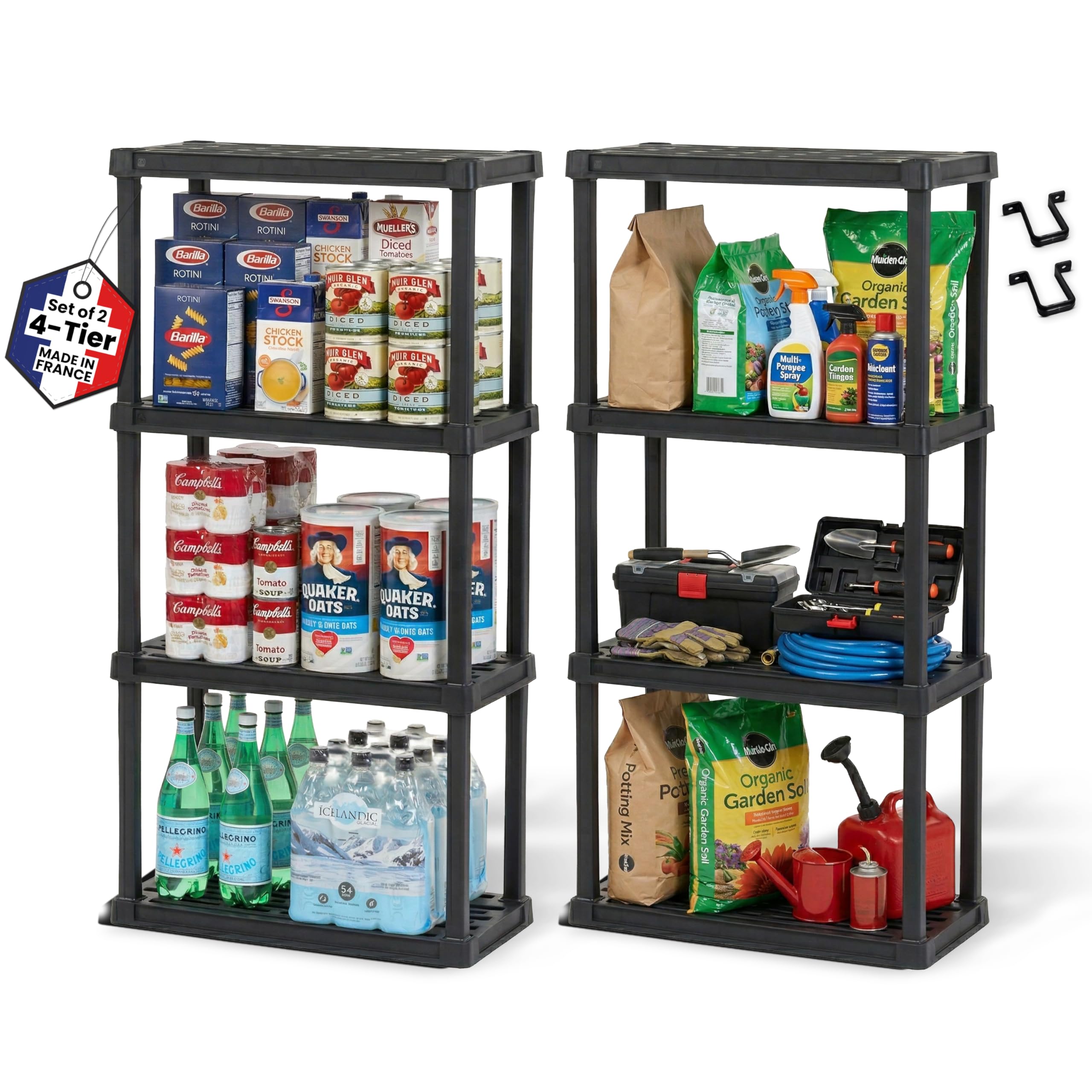 Iris Ohyama, Set di 2 Scaffali in plastica resistente, capacità di 100 kg, facile da montare, 4 ripiani, senza BPA, ripiano per garage, cucina, spazio di lavoro, PRS-M4, nero