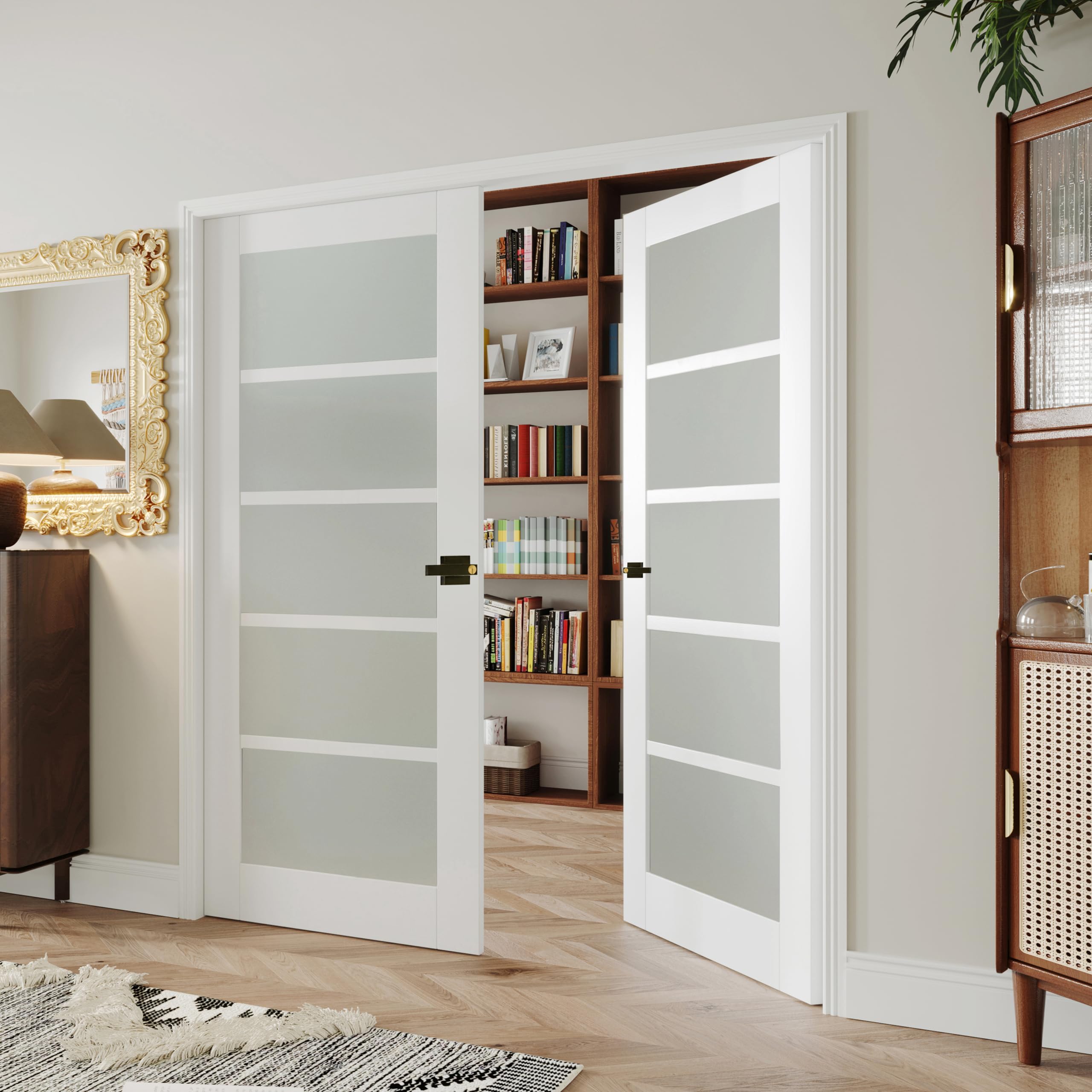 60" x 80" French Doors, 5-Lite Frosted Glass Interior Door with Black Door Levers, Pantry Door Slabs for Bathroom Bedroom Pantry Laundry Closet Door, Assembly Required