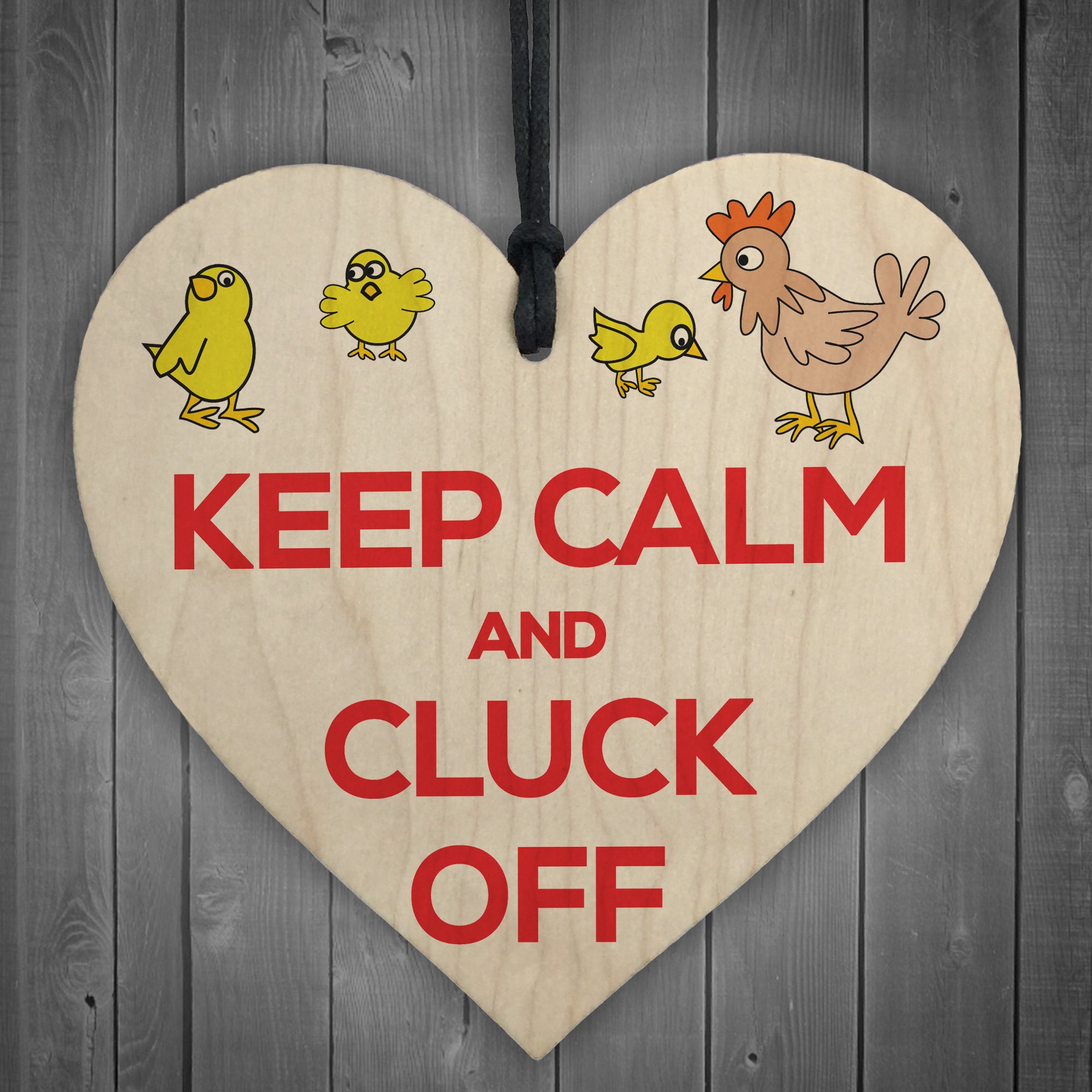 Red Ocean Keep Calm And Cluck Off Novelty Wooden Hanging Heart Sign Chicken Farmer Gift
