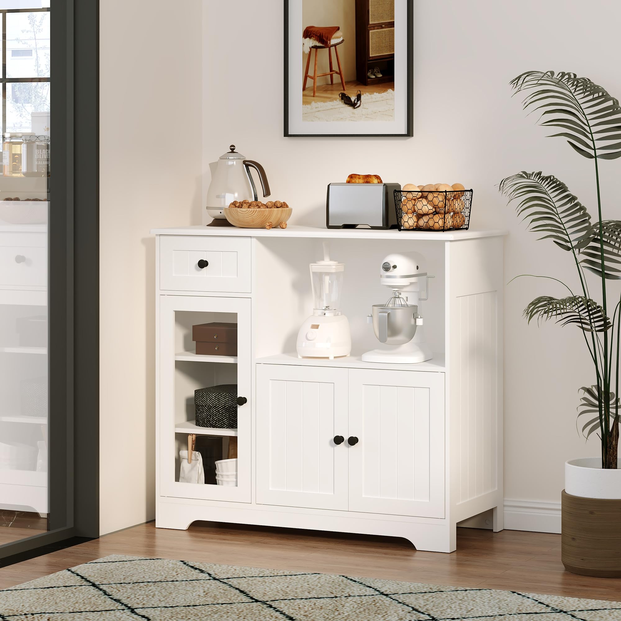 Küchenschrank mit Arbeitsplatte, Buffetschrank mit Mikrowellenregal, Sideboard mit 1 Schubladen, 3 Tür, Verstellbaren Regalen, für Küche, Esszimmer und Wohnzimmer, 90 x 40 x 82 cm, Weiß