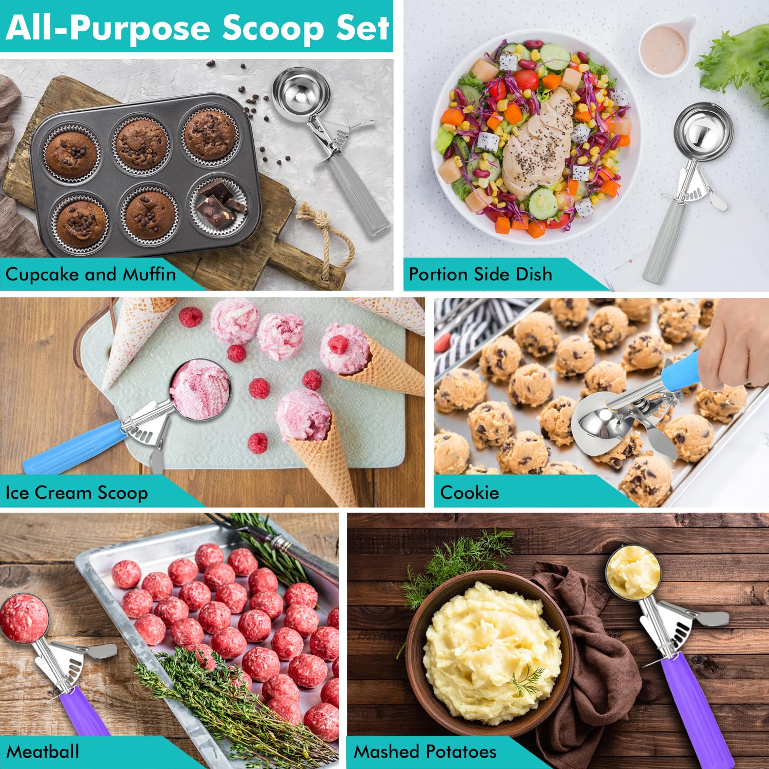 JUNADAEL J Cookie Scoop Set, Portion Scoop Set, Ice Cream Scoop with Trigger, Include Large-Medium-Small Size Disher Scoop, Premium 18/8 Stainless Steel