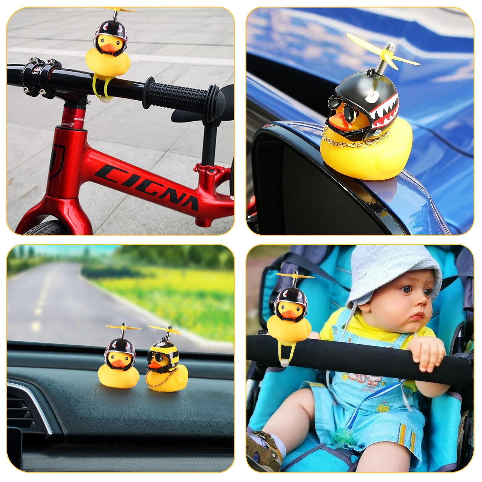 Paquete de 2 adornos de pato de goma para automóvil, decoración de tablero de coche de pato amarillo, cuernos de bicicleta con casco de hélice, vendaje y cadena dorada (abeja y tiburón)