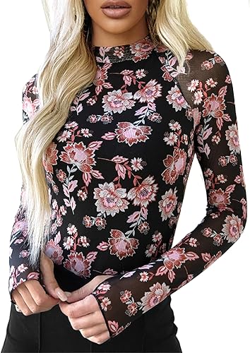 BemorRun Floral Mesh Top for Women Mock Neck Long Sleeve Floral Shirts Double La