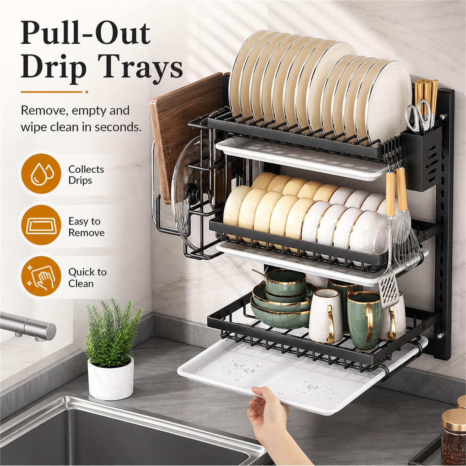 Escurreplatos Pared,Escurridor De Platos con Bandeja,Estanteria Pared Escurreplatos,PrevencióN De La DeformacióN,Puede Contener Cubiertos,Platos PequeñOs Y Tazas