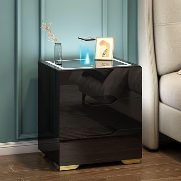 kepptory Black Smart Nightstand with Wireless Charging Station & Adjustable LED Lights, High Gloss End Table with 3 Drawers & USB Charging, Bedside Table Organizer for Bedroom Use
