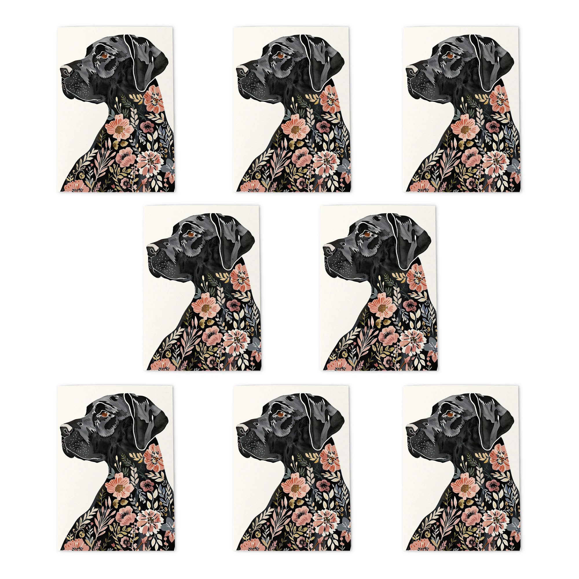Black Labrador Floral Greeting Cards Pack of 8 Watercolour Dog Lover Note Cards Any Occasion Blank Inside A6 10x15cm
