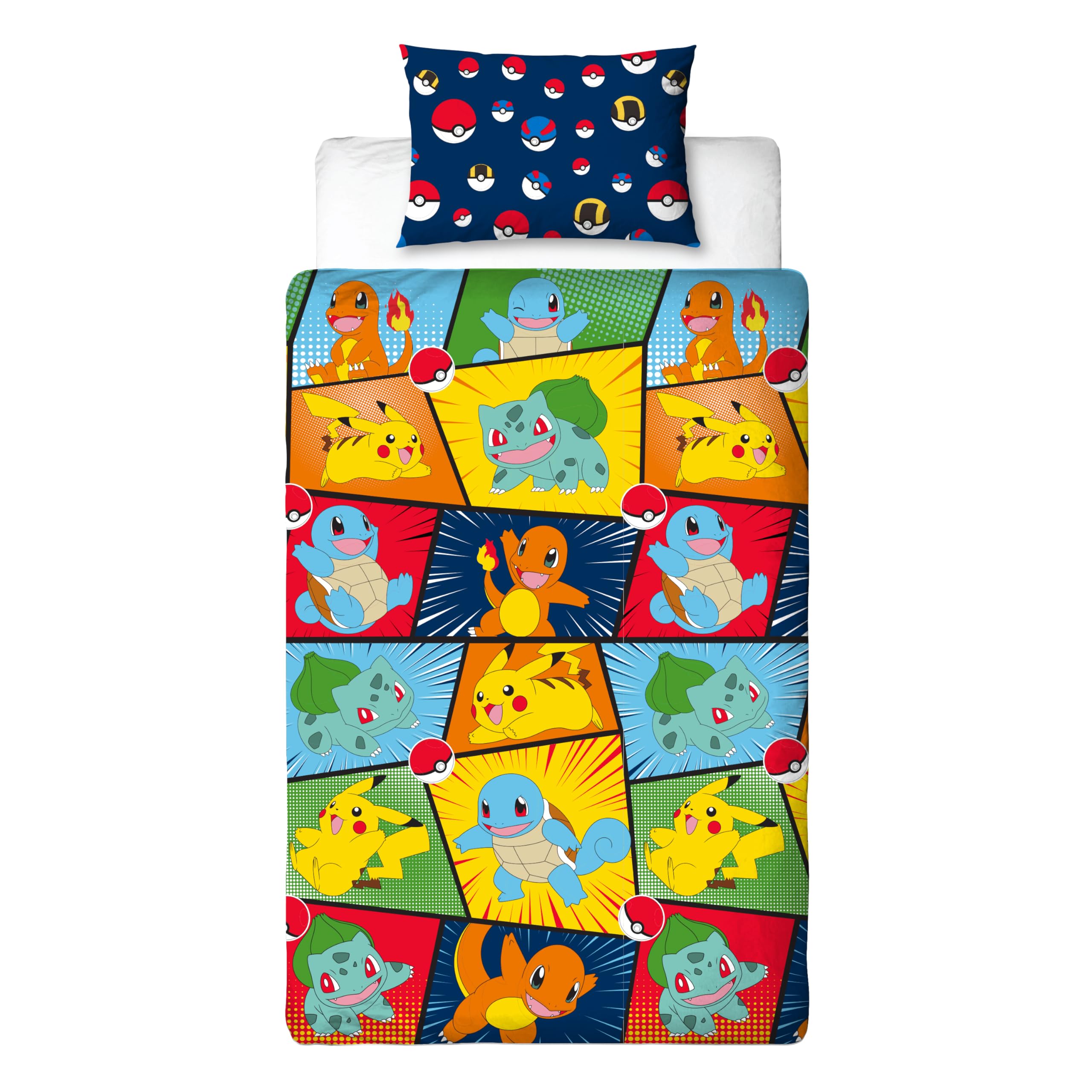 Set copripiumino singolo per bambini, con licenza ufficiale, motivo Pikachu, Bulbasaur, Charmander, Squirtle, reversibile, 2 lati, con federa coordinata, set per letto singolo per bambini