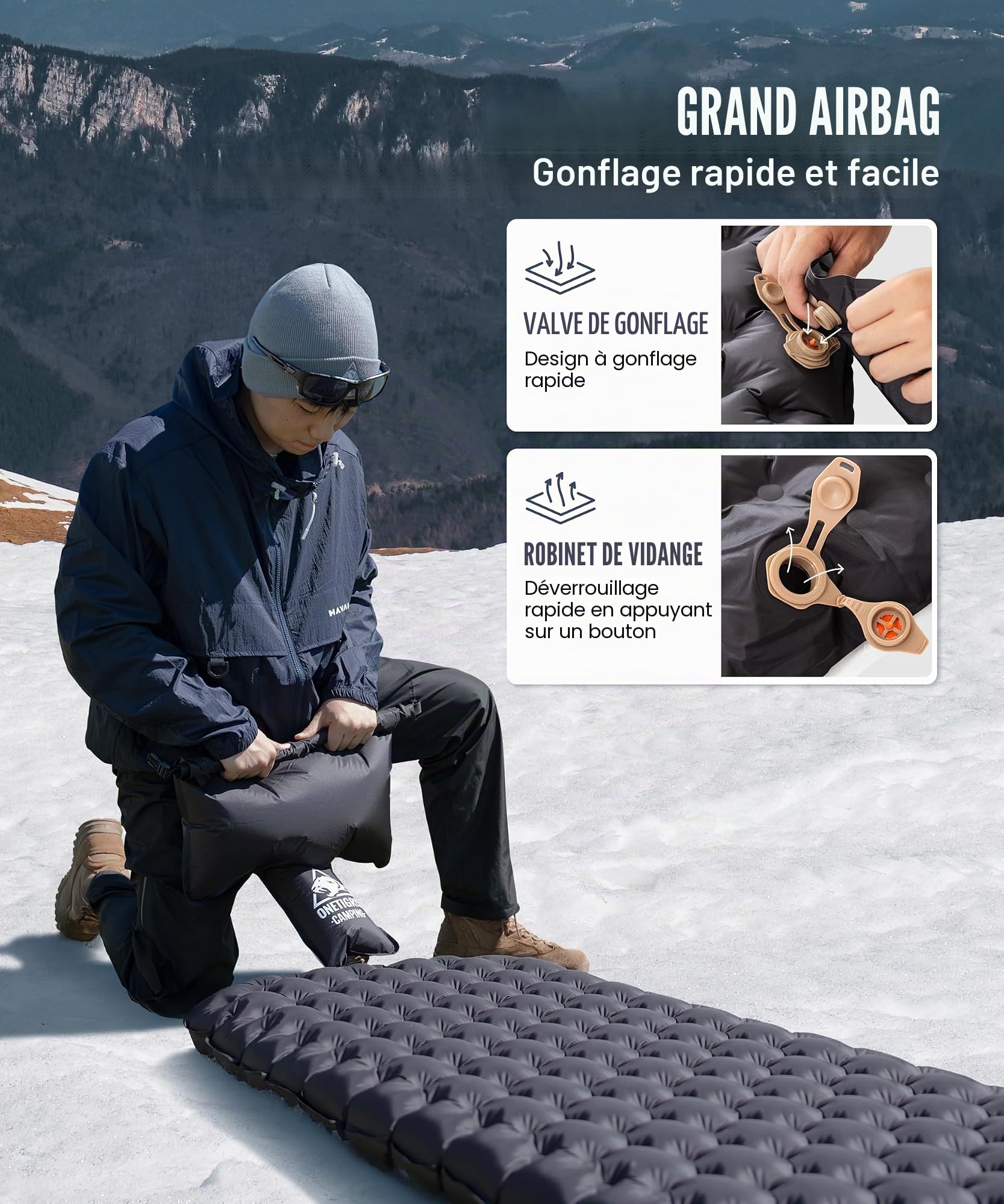 OneTigris NOBLEJADE Matelas isolant d'extérieur pliable avec sac de pompe, 10 cm d'épaisseur, ultra léger, pour 1 personne, matelas de camping gonflable pour la randonnée, la voiture (valeur R 7,3)