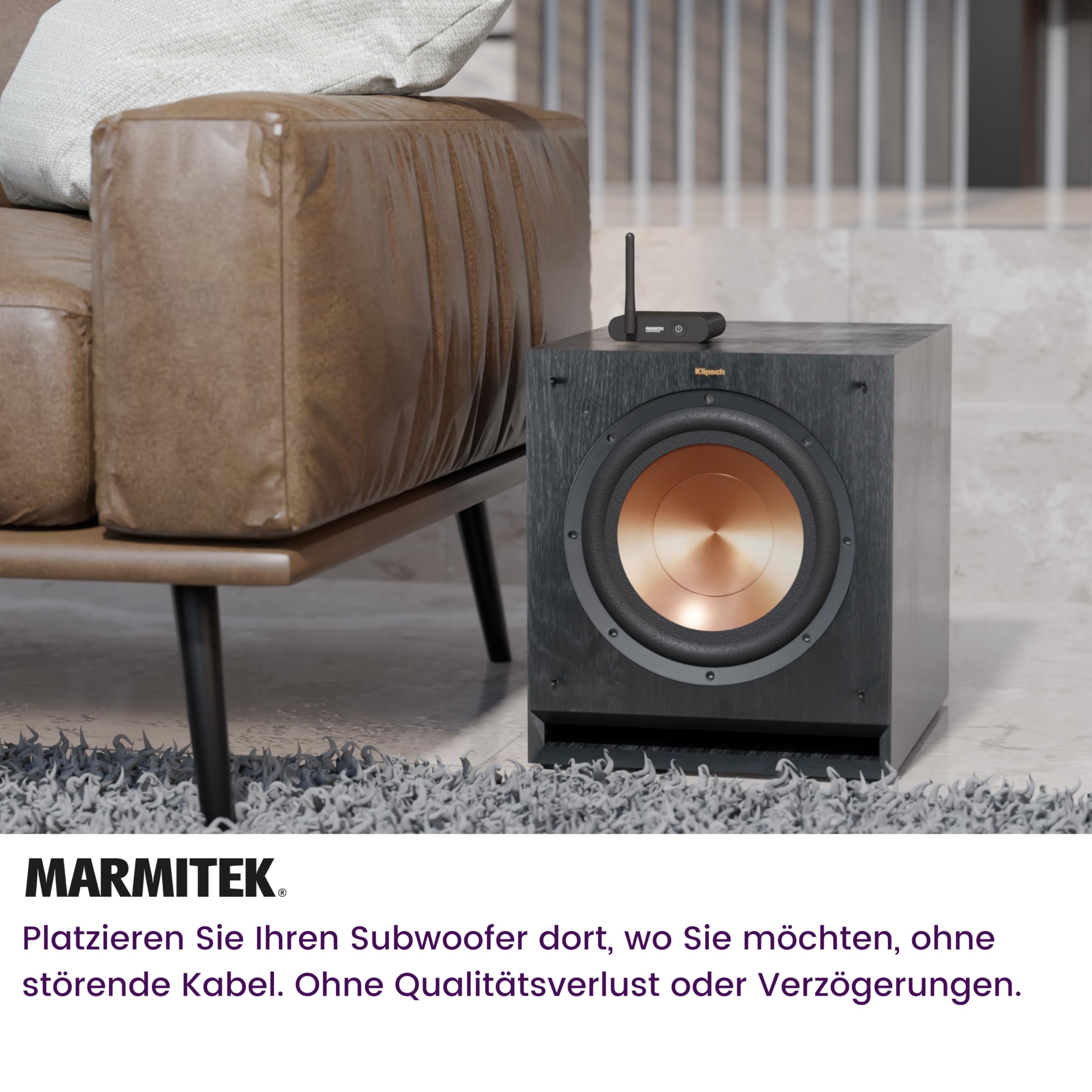 Marmitek Subwoofer Anywhere 640 - Funk Subwoofer Set für kabellosen Bass | Subwoofer kabellos per LFE oder Line mit störungsfreier Digitaltechnik, vergoldeten RCA und Auto-Standby