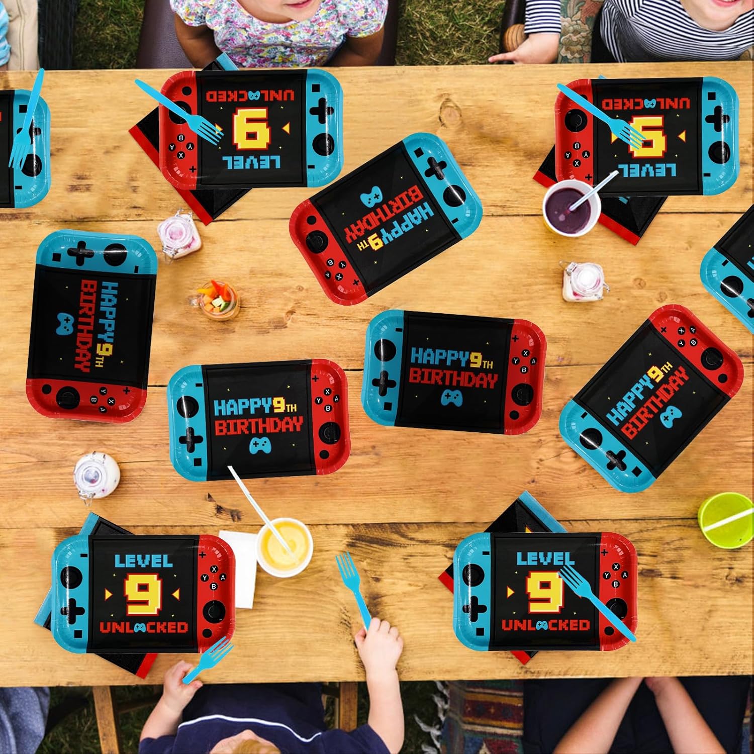 96Pcs Video Game 9th Birthday Decorations Level 9 Birthday Party Plates and Napkins Level Up Disposable Tableware for 9 Years Old Boy Gaming Birthdays Decorations