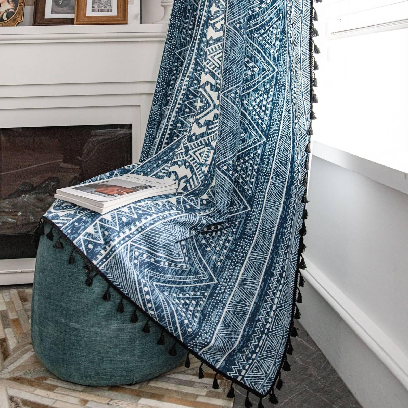 Rideau Voilage Bleu, Rideaux Semi occultants décoratifs de Style bohémien à Motifs géométriques pour la Chambre à Coucher en Coton, Bleu-Crochet, 150 x 200 cm (HxL)