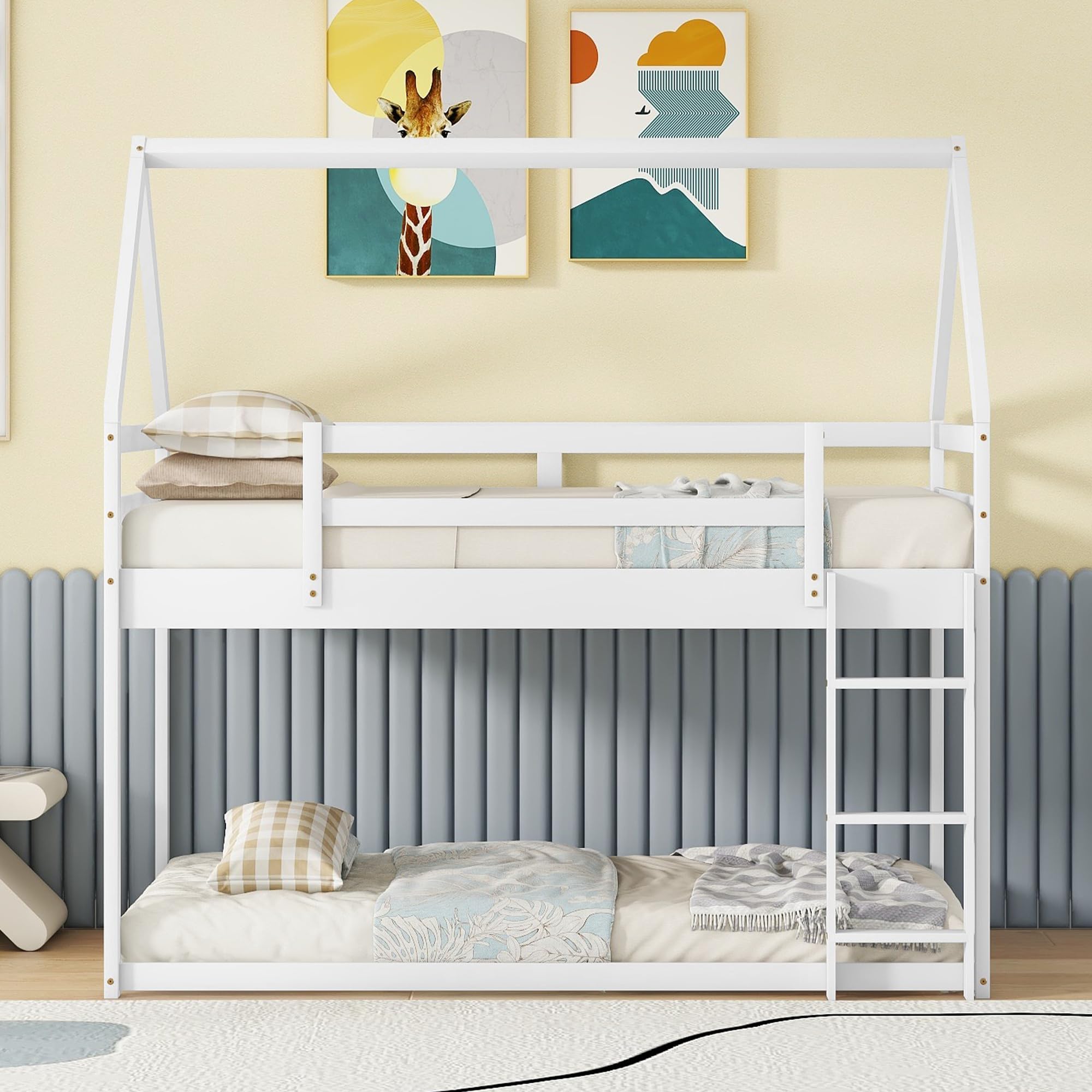 MERITLINE House Bunk Bed for Kids, Low Bunk Beds Twin Over Twin,Wood Twin Floor Bunk Beds with Roof for Girls Boys,Kids Bunk Beds with Ladder,White