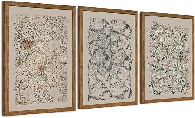 Krtoni 3PCS Framed Vintage William Morris Wall Art, Neutral Abstract Flo...