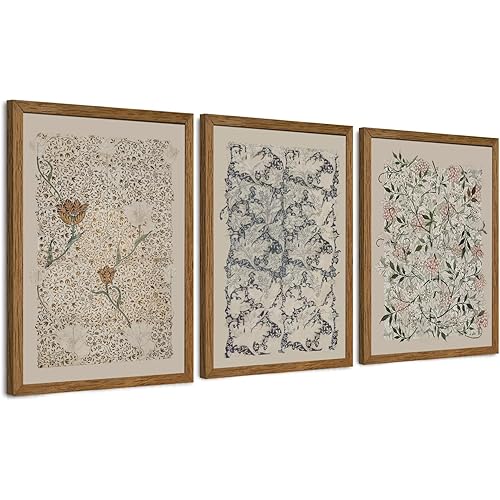Krtoni 3PCS Framed Vintage William Morris Wall Art, Neutral Abstract Floral Canvas Artwork Prints, Rustic Boho Farmhouse Flower Botanical Picture Paintings for Living Room Bedroom Office 12W x16H