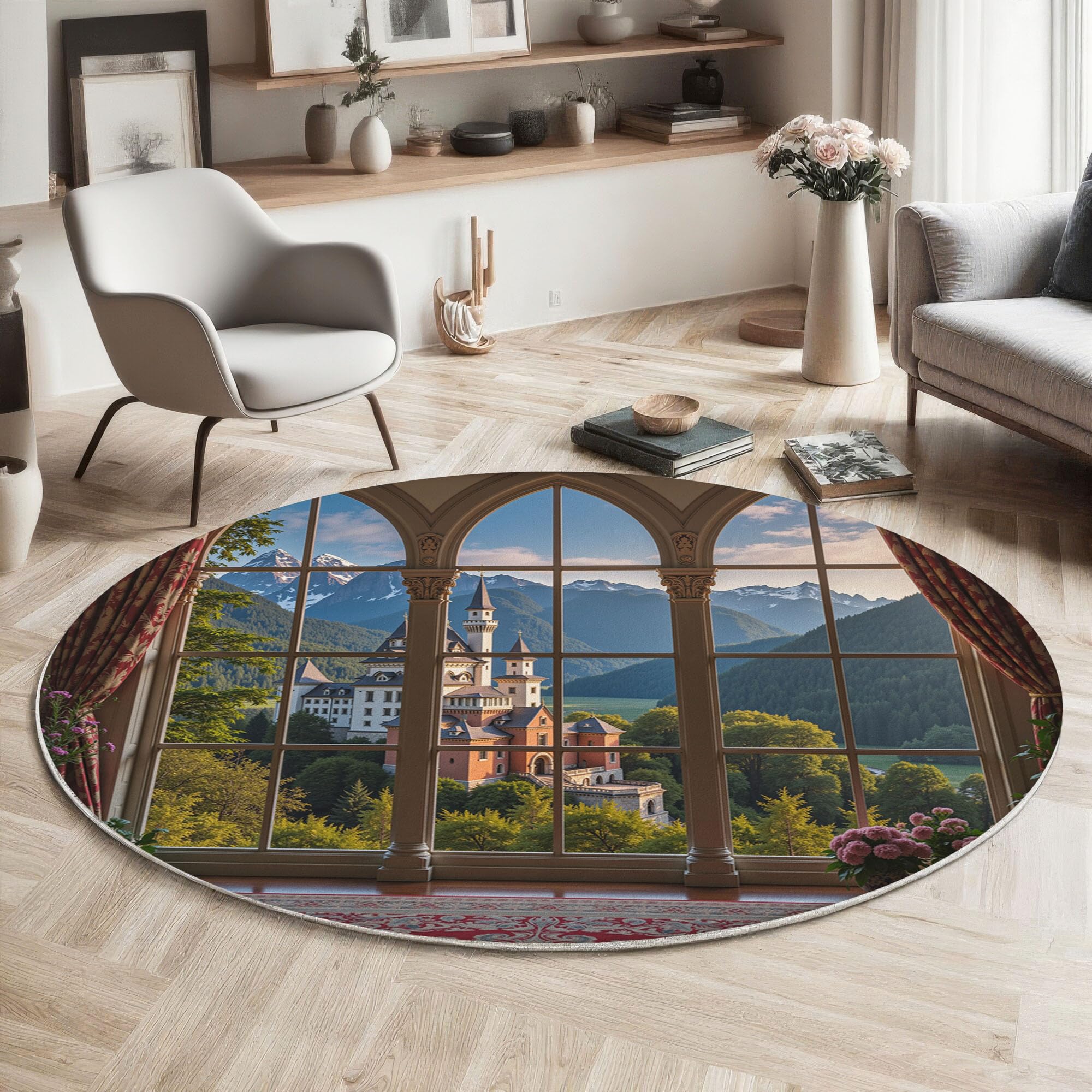 Tapis rond 200cm lavable machine marron pour salon style château