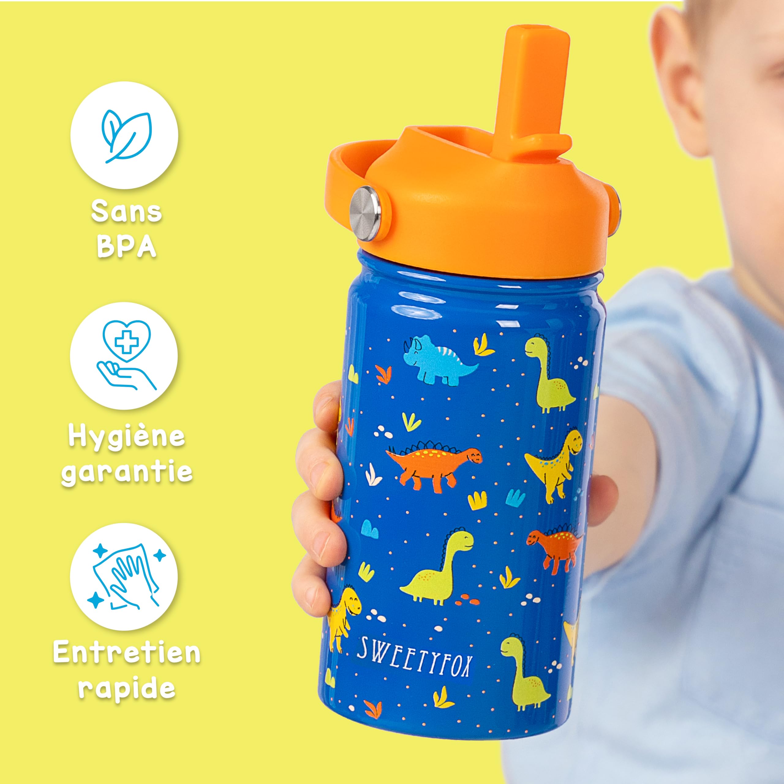 Sweety Fox - Gourde Isotherme Enfant Dino avec Pailles et Goupillon - Gourde Enfant INOX sans BPA pour Enfants de 3 Ans et Plus