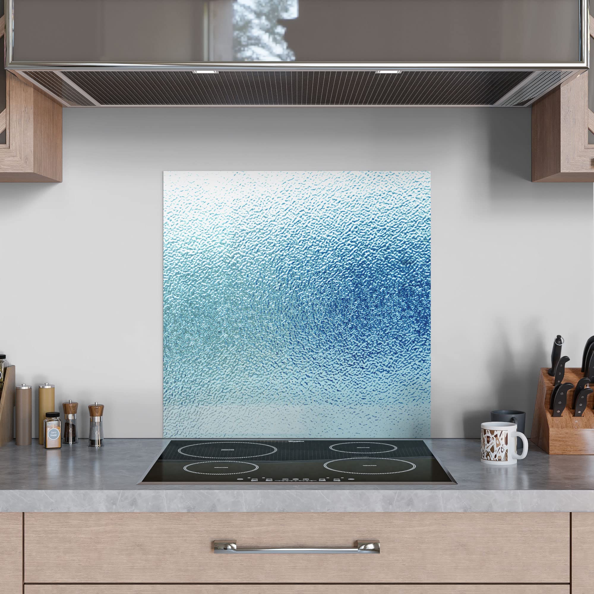 DEQORI Pannello posteriore per cucina in vetro, motivo vetro smerigliato con incisione blu, 60 x 60 cm, pannello posteriore per bagno o stufa, paraspruzzi per cucina e bagno, decorazione moderna per