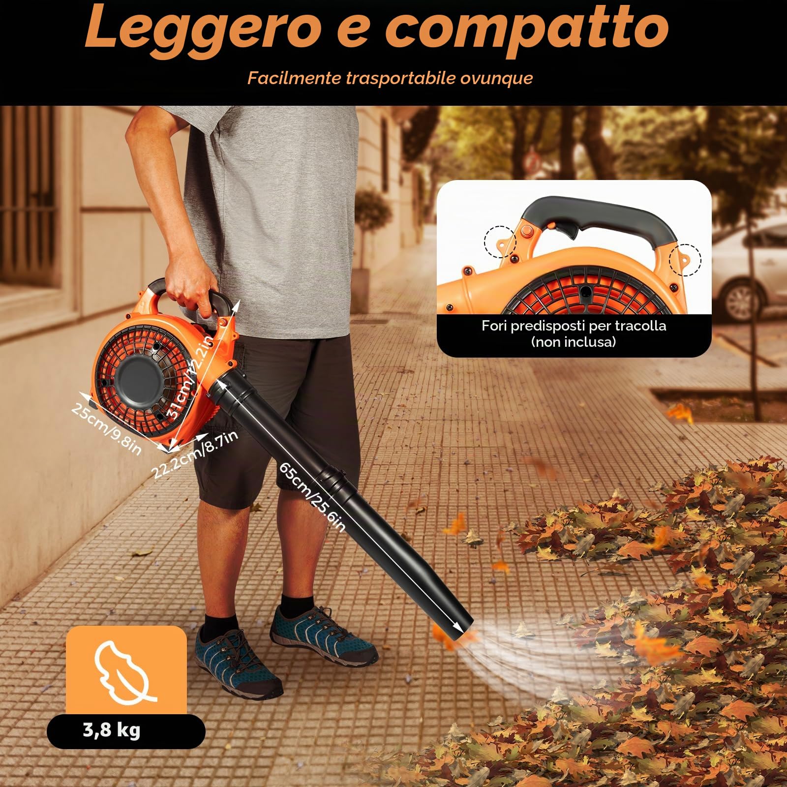 Soffiatore per foglie a benzina 25,4 cc 2 tempi, aspiratore per foglie a benzina con avviamento manuale e accensione elettronica, soffiatore manuale per la cura del prato, cortile, giardino