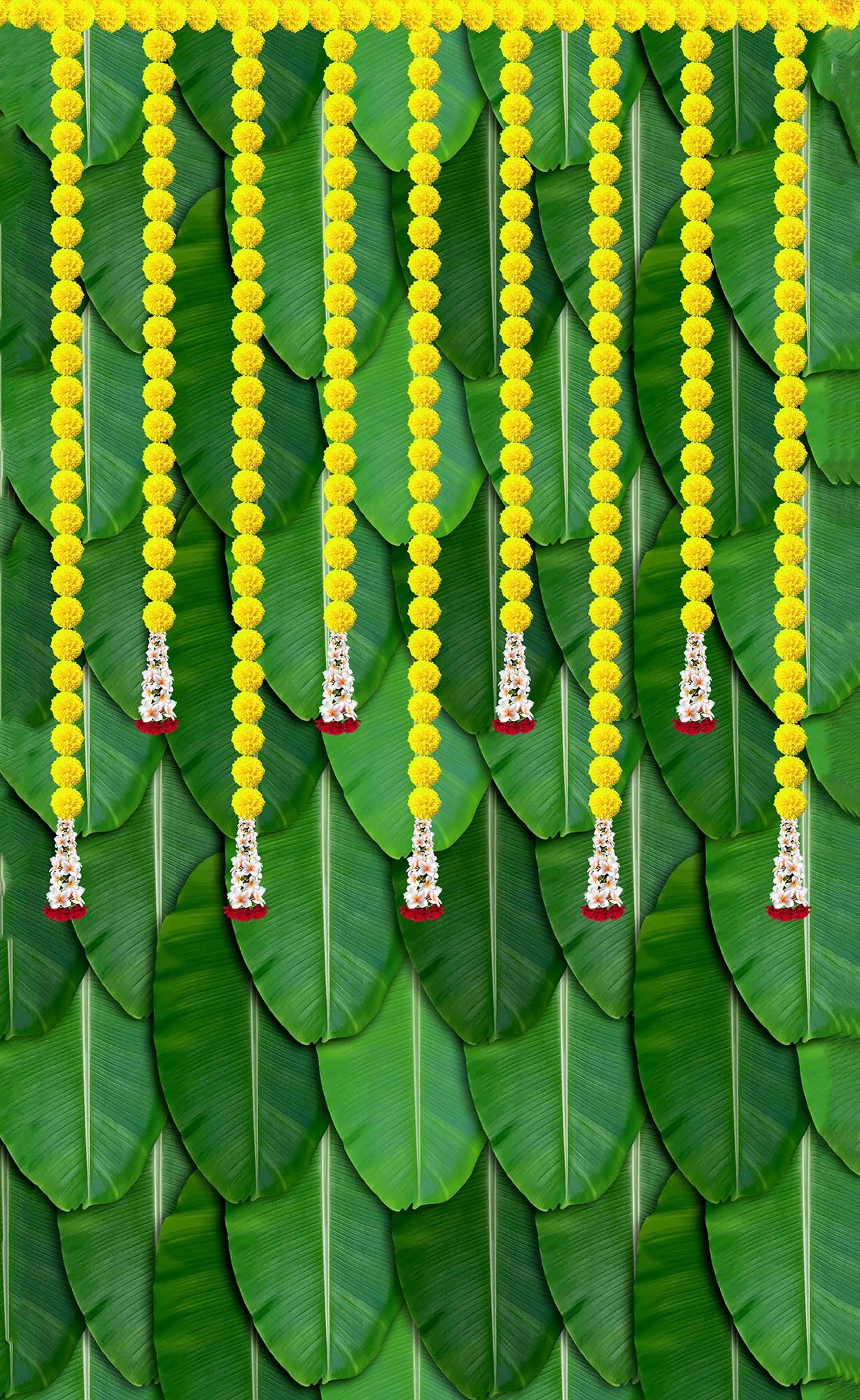 Dhara Banana Leaf with Hanging Marigold Flower Backdrop Cloth - 5ft x 8ft Polyester Fabric for Ganesh Chaturthi, Satyanarayan Pooja, Annaprassana (Aritaku) Washable Fabric (B0D7Z8ZK58) Amazon Price History, Amazon Price Tracker