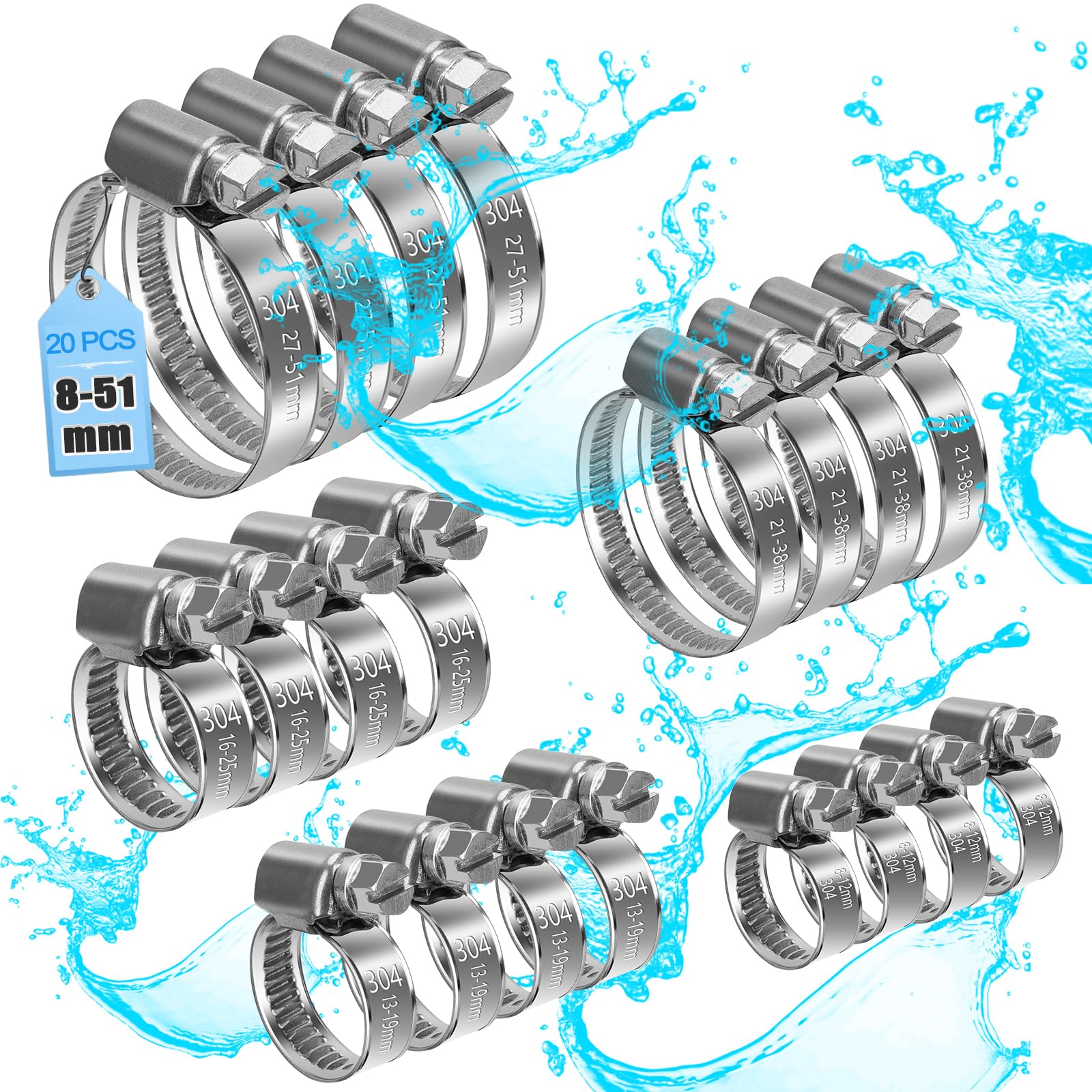 moveland 8-51 mm Schlauchschellen Set - 20 Stück Rostfreie 304 Schlauchschellen Edelstahl - Verstellbares Schlauchschellen - Keine Beschädigung des Schlauches, für Garten, Pool, Waschmaschine, Teich