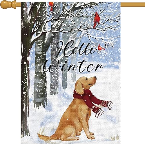 Louise Maelys Bandera de jardín con texto en inglés Hello Winter Dog de 28 x 40 pulgadas, de doble cara, de arpillera, grande, con cardenal dorado