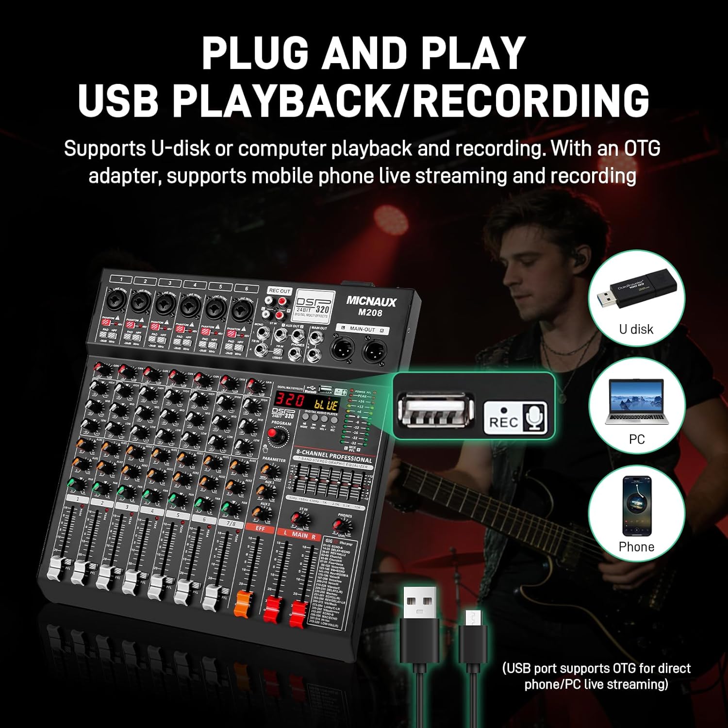 Audio Mixer 8 Channel Professional Sound Console Music Mixer with 320 DSP Effects, 7-band EQ DJ Mixing Board w/USB, Bluetooth, 48V Power Supply, PAD Button for Recording Karaoke PA Drum Live