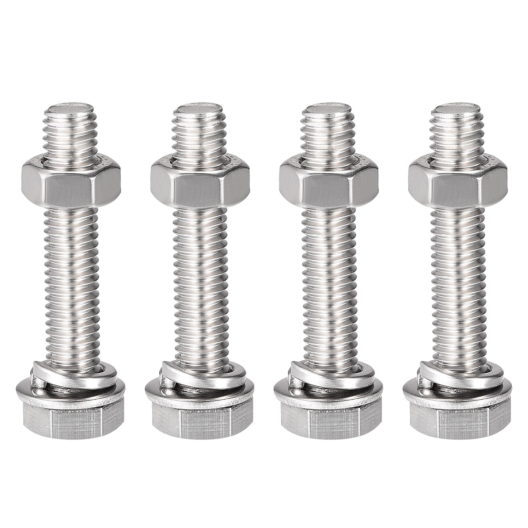 uxcell M8 x 40mm Hex Head Screws Bolts, Nuts, Flat & Lock Washers Kits, 304 Stainless Steel Fully Thread Hexagon Bolts 4 Sets