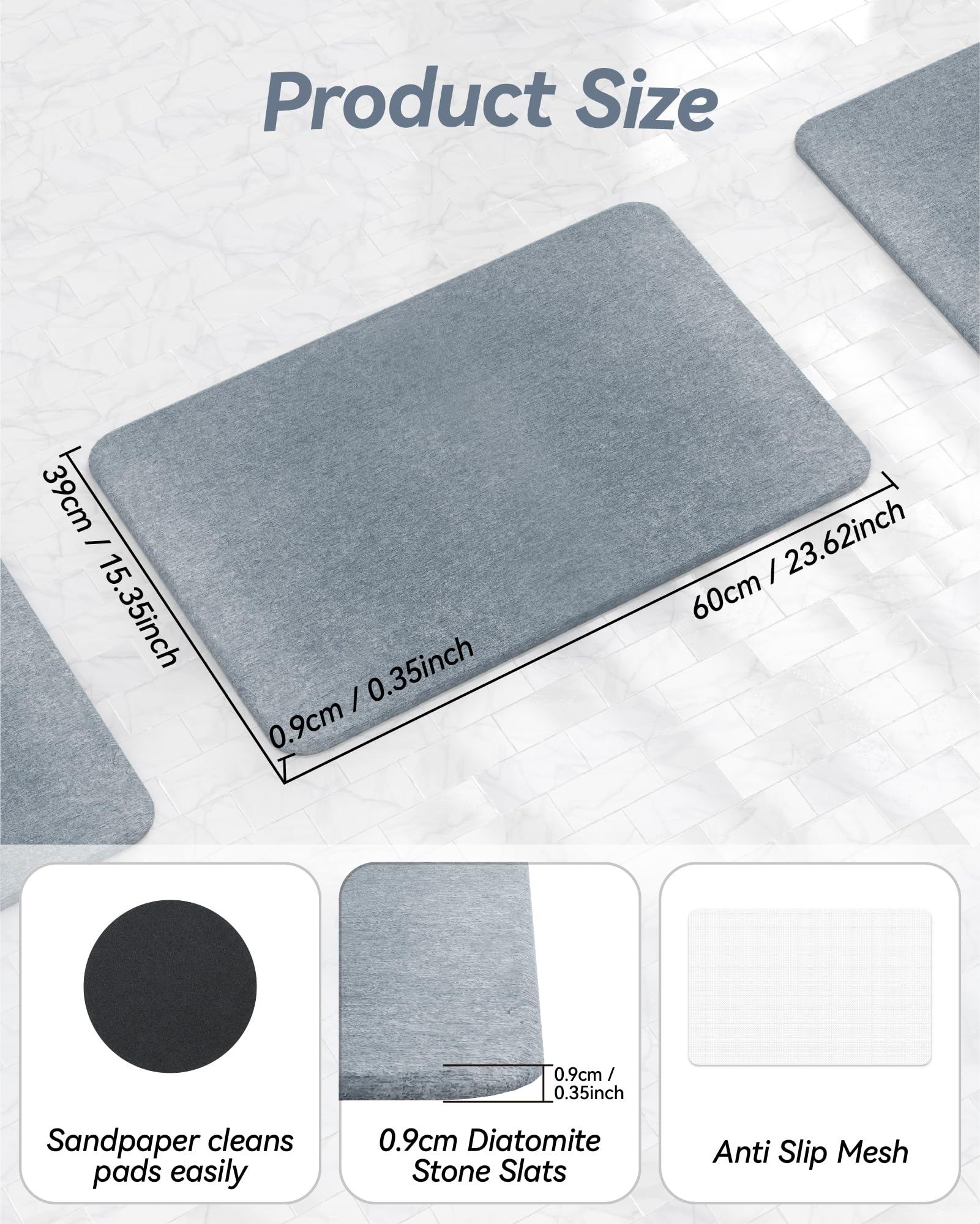iHomara Diatomaceous Earth - Tappetino da bagno in pietra ad asciugatura rapida, 60 x 39 x 0,9 cm, antiscivolo, assorbente, per bagno, casa e cucine