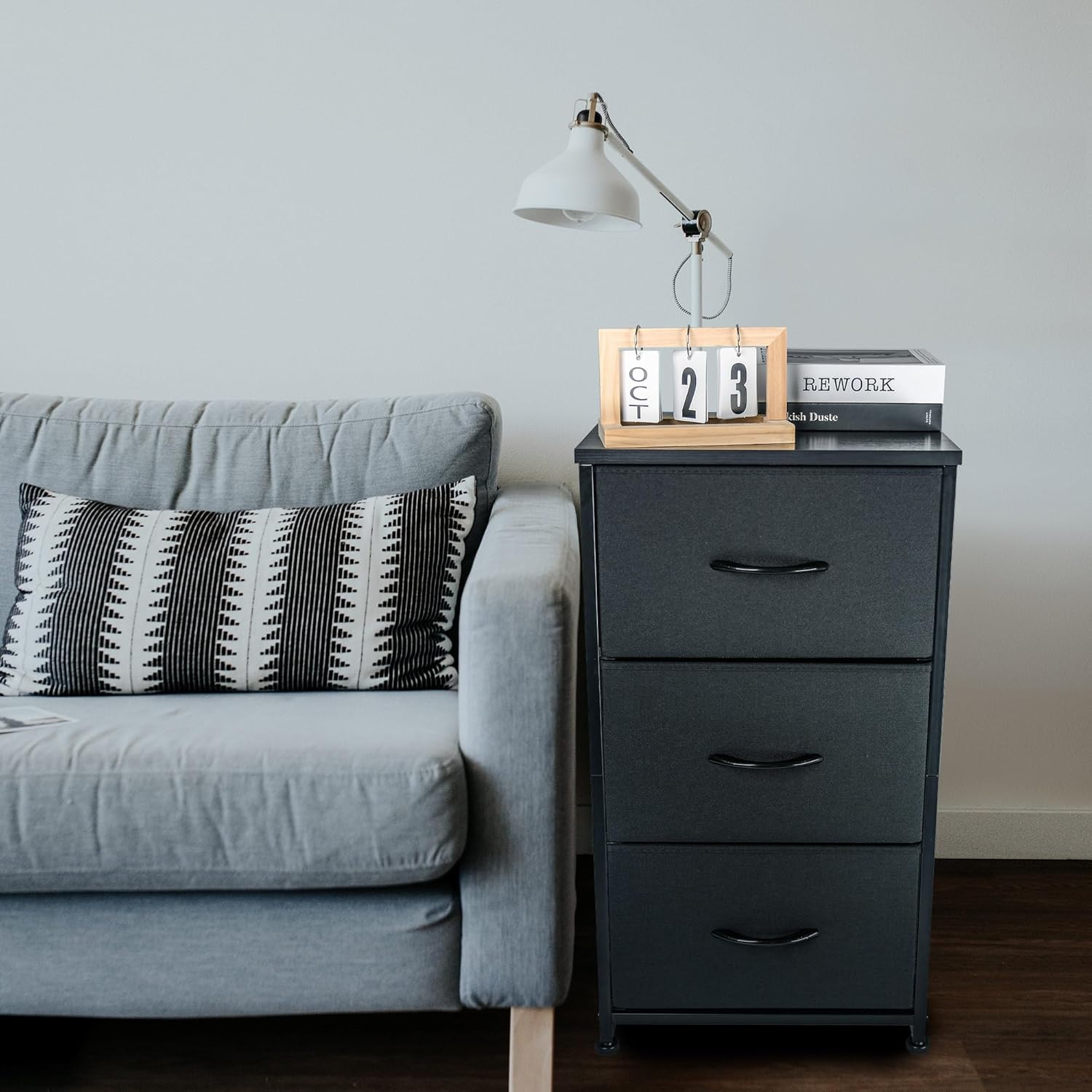 3-Drawer Nightstand with Fabric Bins – Modern Bedside Table with Sturdy Steel Frame & Smooth Wood Top for Bedroom Storage and Organization (15.7" L x 11.8" W x 28.7" H)