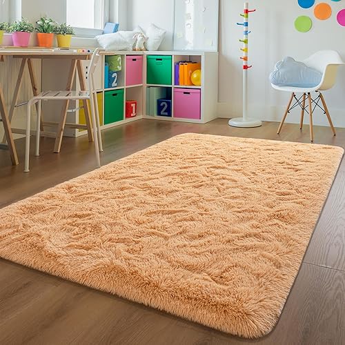 Andecor Alfombra peluda para sala de estar, 5 x 8 pies, color naranja, suave, esponjosa, para interiores, para dormitorio, habitación de niñas,