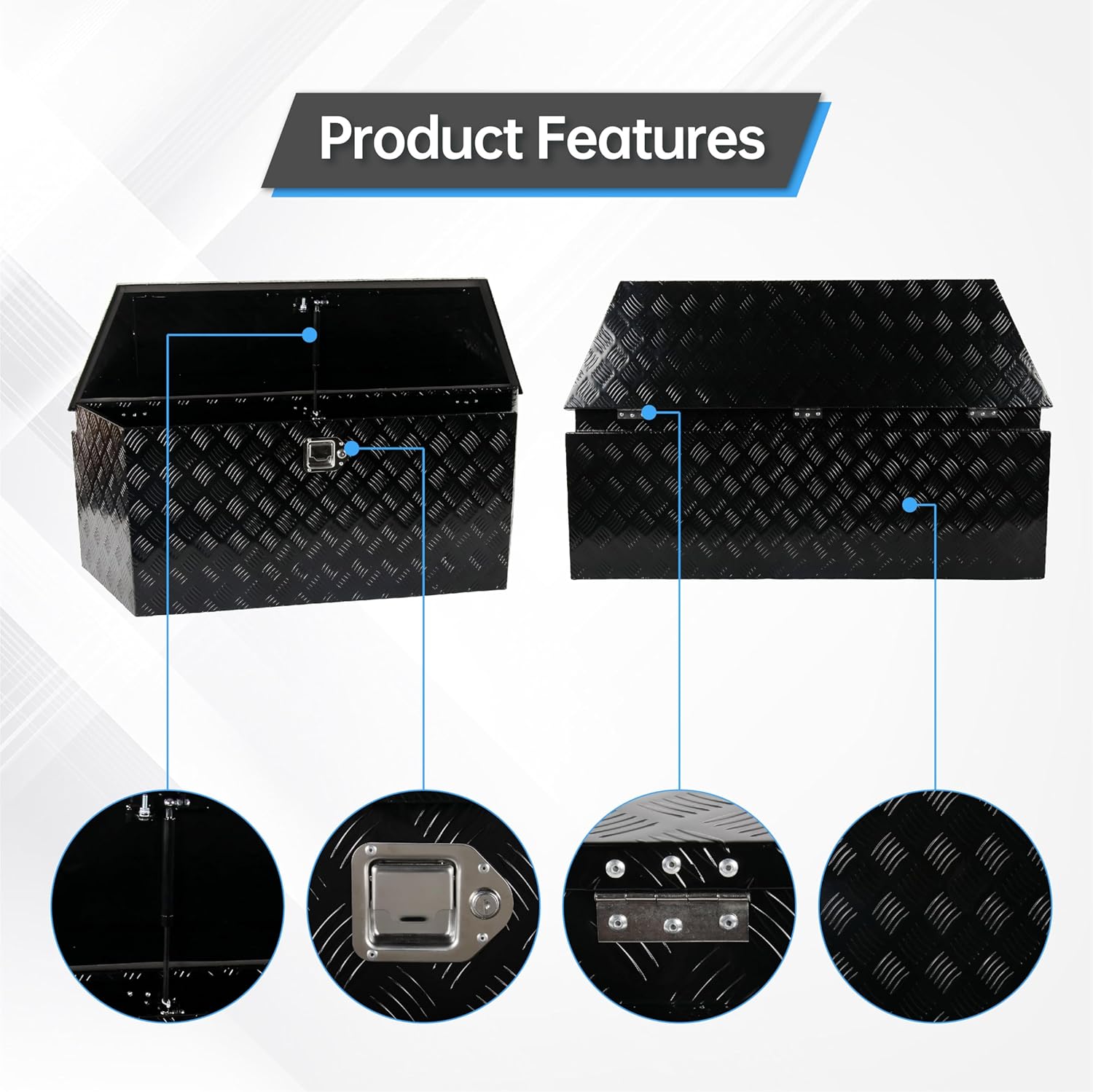 49 Inch Aluminum trailer tongue box heavy duty 5 Bar Tread Trailer tool box Storage Organizer with Flipped steps, Black (49'' x 15'' x 18.5'')