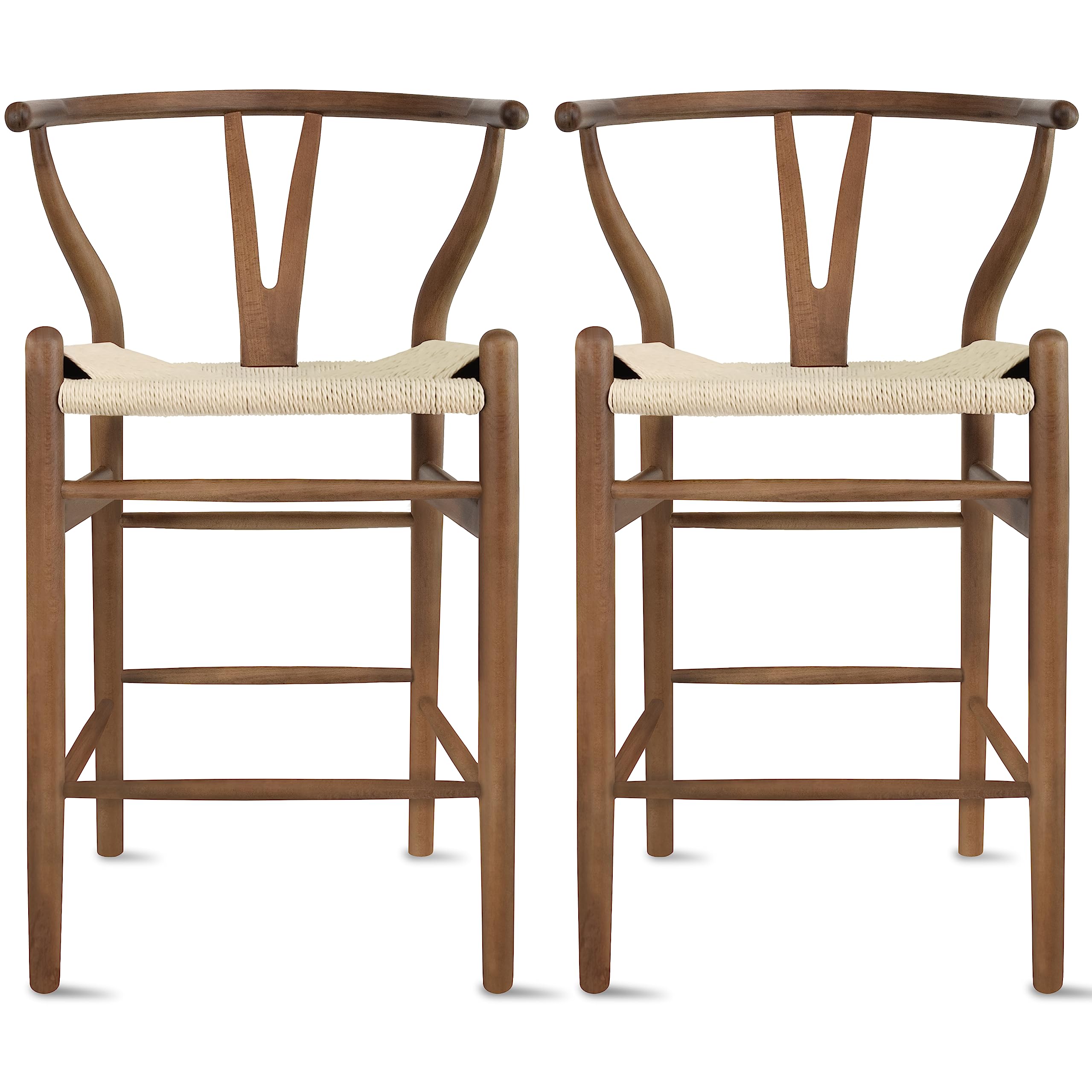 2xhome Set of 2 Wishbone Solid Wood Elbow Barstool with Open Y Back Farmhouse Dining Stool Chair with Woven Beige Seat (Espresso)