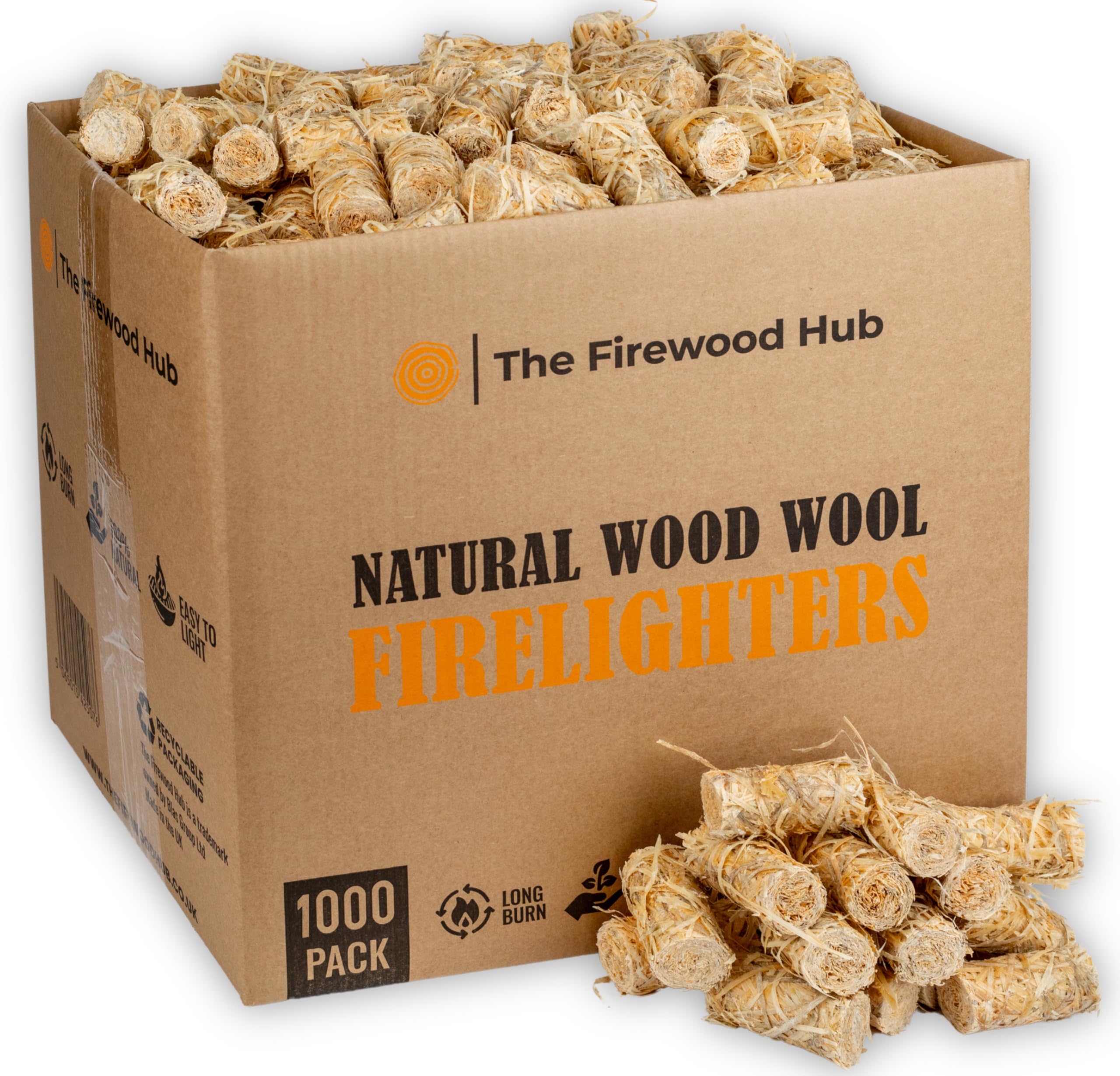 The Firewood Hub 1000 - Natural Eco Wax-Coated Wood Wool Firelighters For Safe, Clean, And Odorless Ignition Of Wood And Log Burners, Bbqs, Pizza Ovens, And More - The