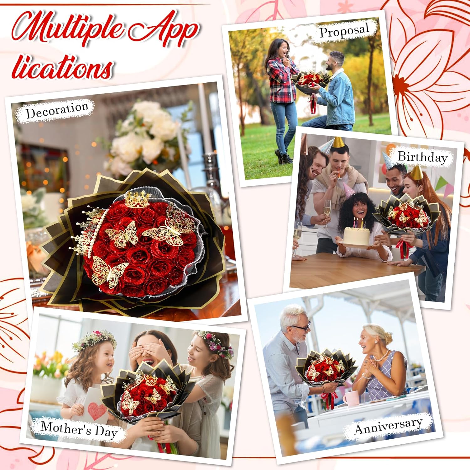 24 Pcs Valentines Glitter Roses Bouquet Gifts Artificial Rose DIY Flower Bouquet Kit Birthday Gifts Flower Wrapping Paper 3D Butterflies Crowns for Anniversary (Red) - Image 7