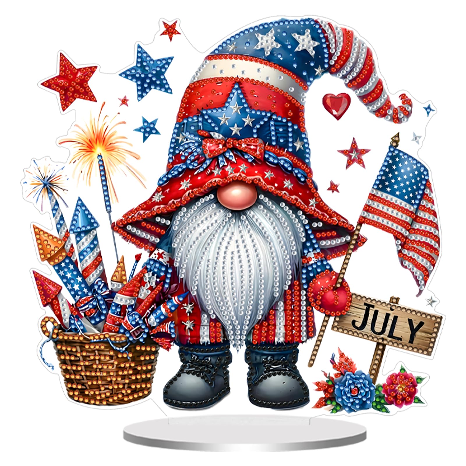Diamond Art Acrylic Gnome Tabletop Ornament Kit for Adults – 5D Special Shape DIY Desktop Decor Stand, Monthly Holiday Craft Gift(July Independence Day Gnome)
