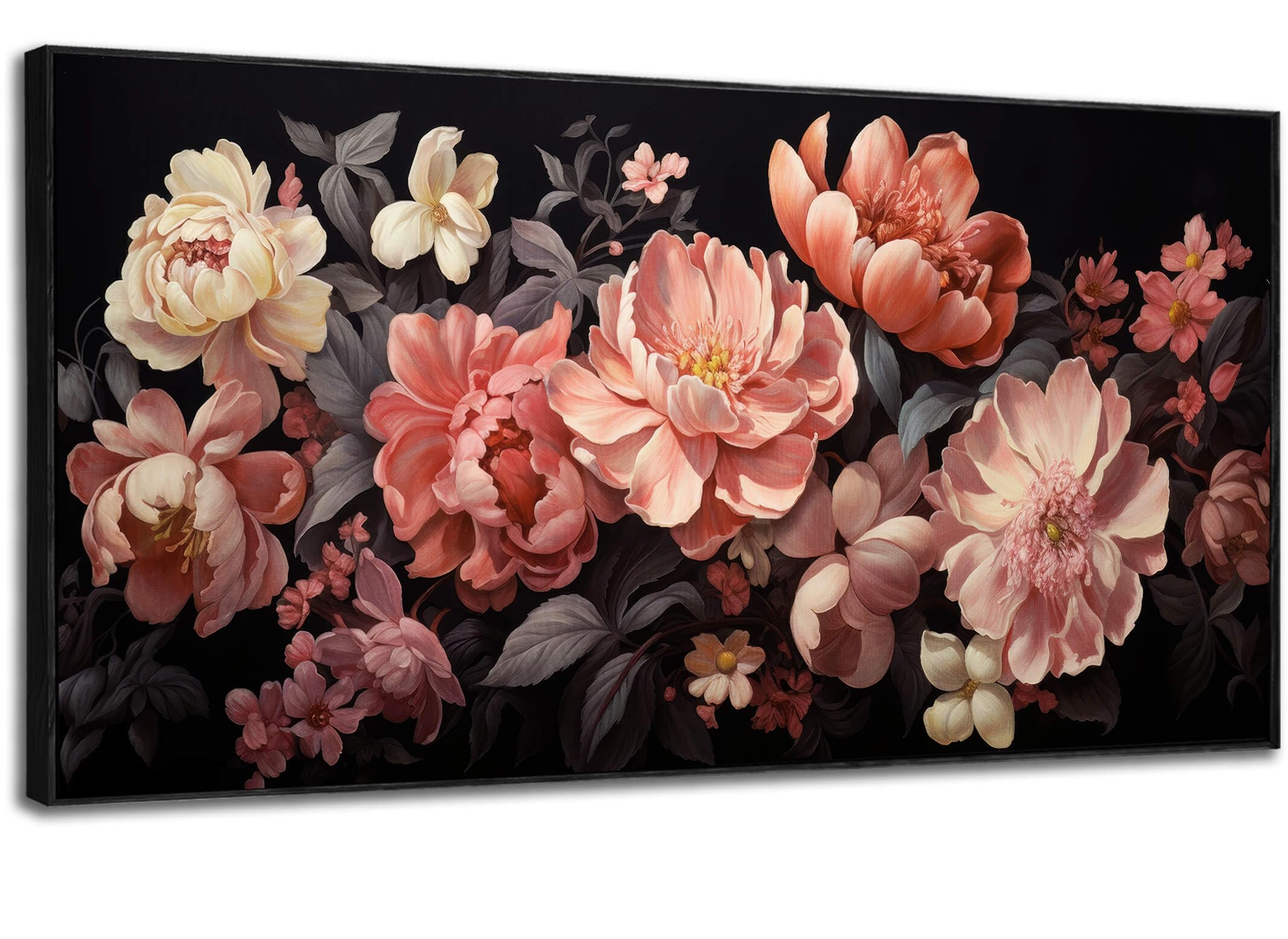 SDYA Pink Flower Wall Art Living Room Decor 20"x 40" White and Red Floral Canvas Art Room Decor for Teen Girls on Black Background Modern Artwork for Office Kitchen Home Decor