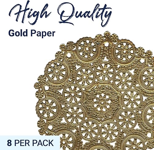 Miniatura 3 de Royal Lace Fine Quality Paper Products Medallón de encaje redondo de papel 10 pulgadas lámina dorada paquete de 8