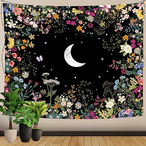 Miniatura 8 de MEHOFOND Tapiz de hongos, tapiz de ojos hippie y luna, hongos y plantas florales, tapiz para colgar en pared para dormitorio, dormitorio, sala