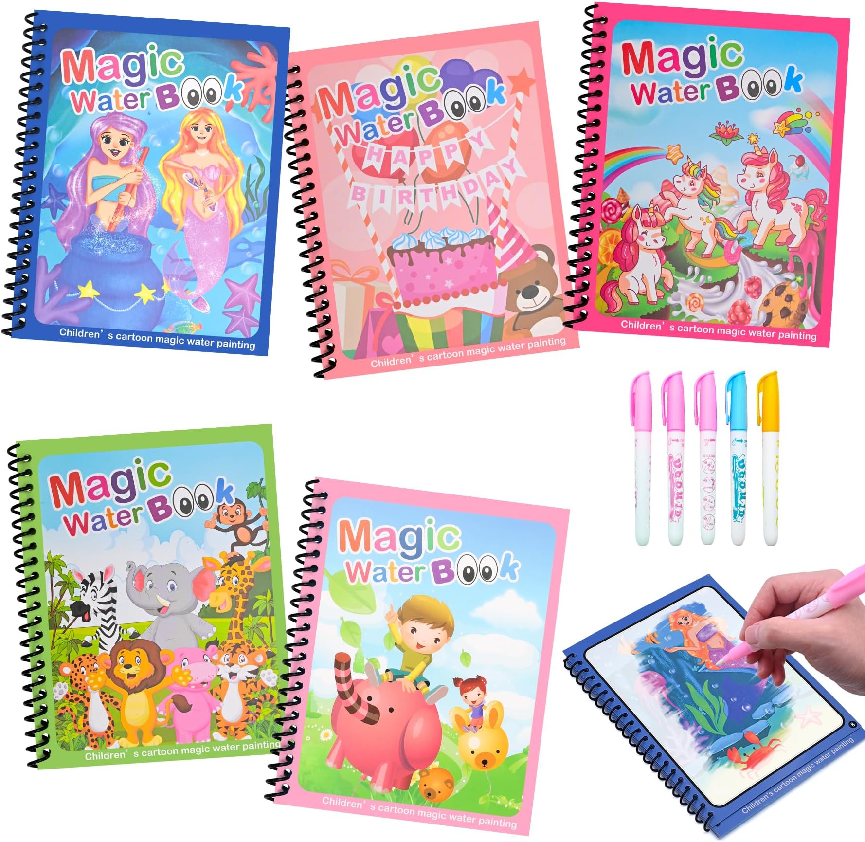 Benxdara Water Magic Colouring Book 5 Pcs, Reusable Water Colouring Books for Children, Magic Water Coloring Book with 5 Water Pens, Water Painting Books for Kids 3 4 5 6 Year Old Boys Girls, D