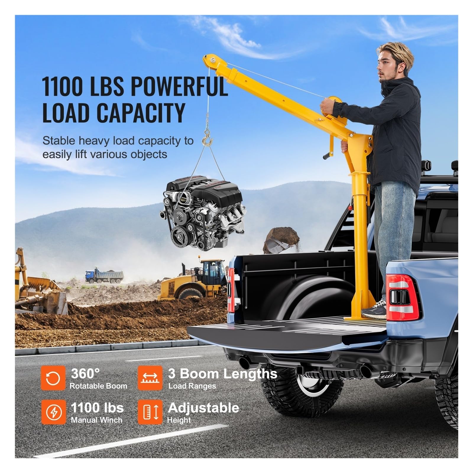 Paranco Elettrico Telecomandato Gru Pieghevole Per Camioncino Girevole A 360° Con Gru A Braccio Girevole Da 1100 Libbre Montata Su Verricello Manuale Argani elettrici