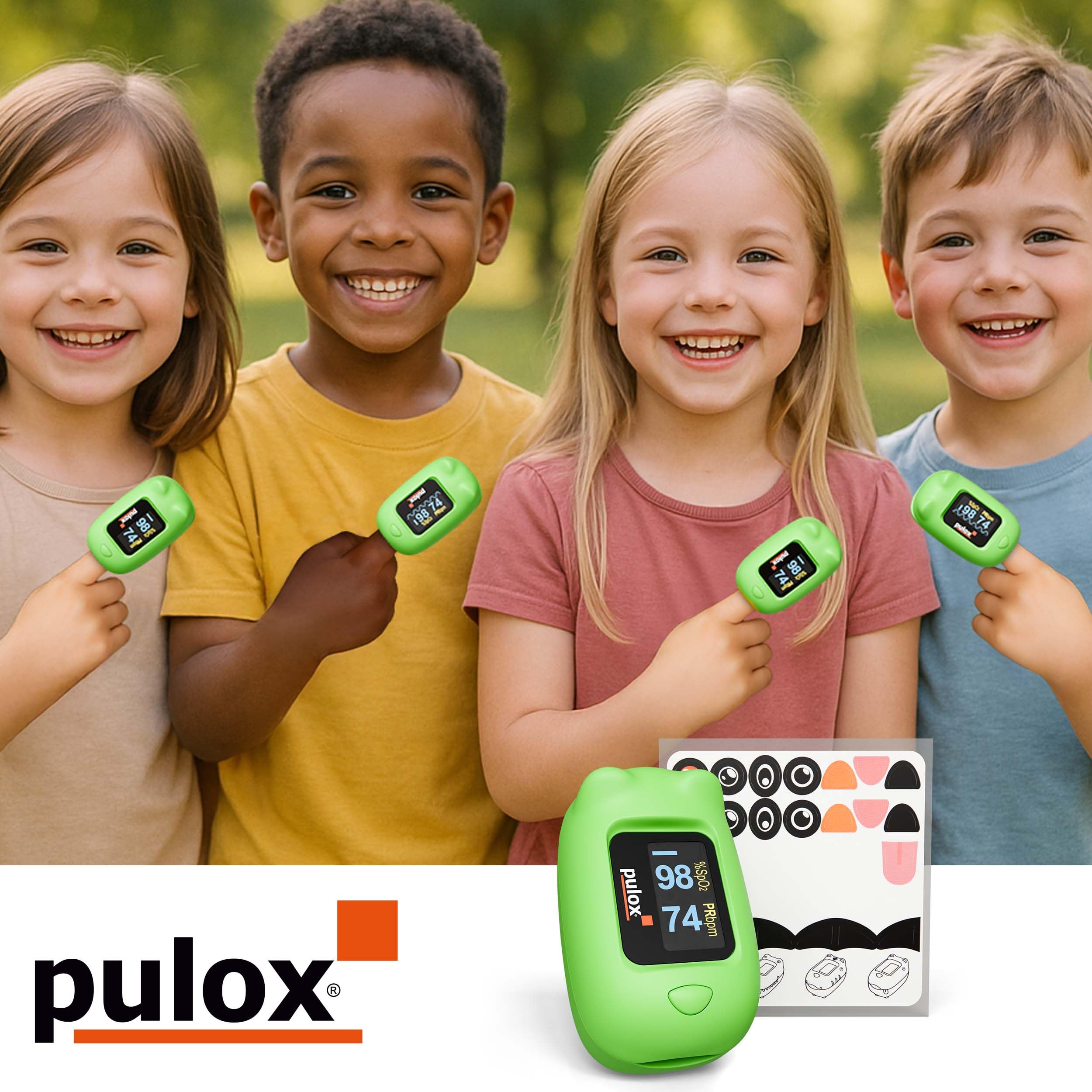 Pulox PO-230 Kinder Pulsoximeter Grün zur Messung von SpO2 und Puls | Misst Sauerstoffsättigung und Herzfrequenz in wenigen Sekunden, inklusive Sticker zum individuellen Bekleben und Gestalten