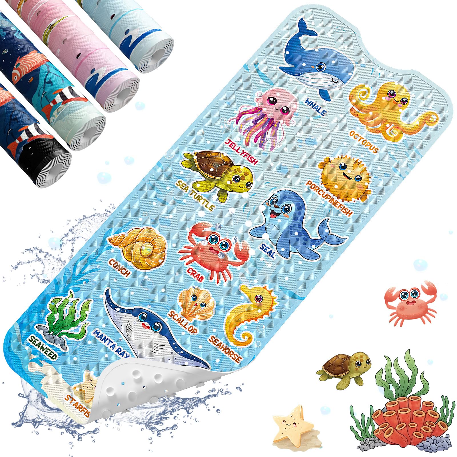 XIYUNTE Baby Bath Mats Non Slip Anti Mould - 100x40cm Extra Long Non Slip Bath Mat for Kids, Eco-Friendly Toddler Bath Mat with Suction Cups for Secure Grip, Easy to Clean & Easy Drying, Blue