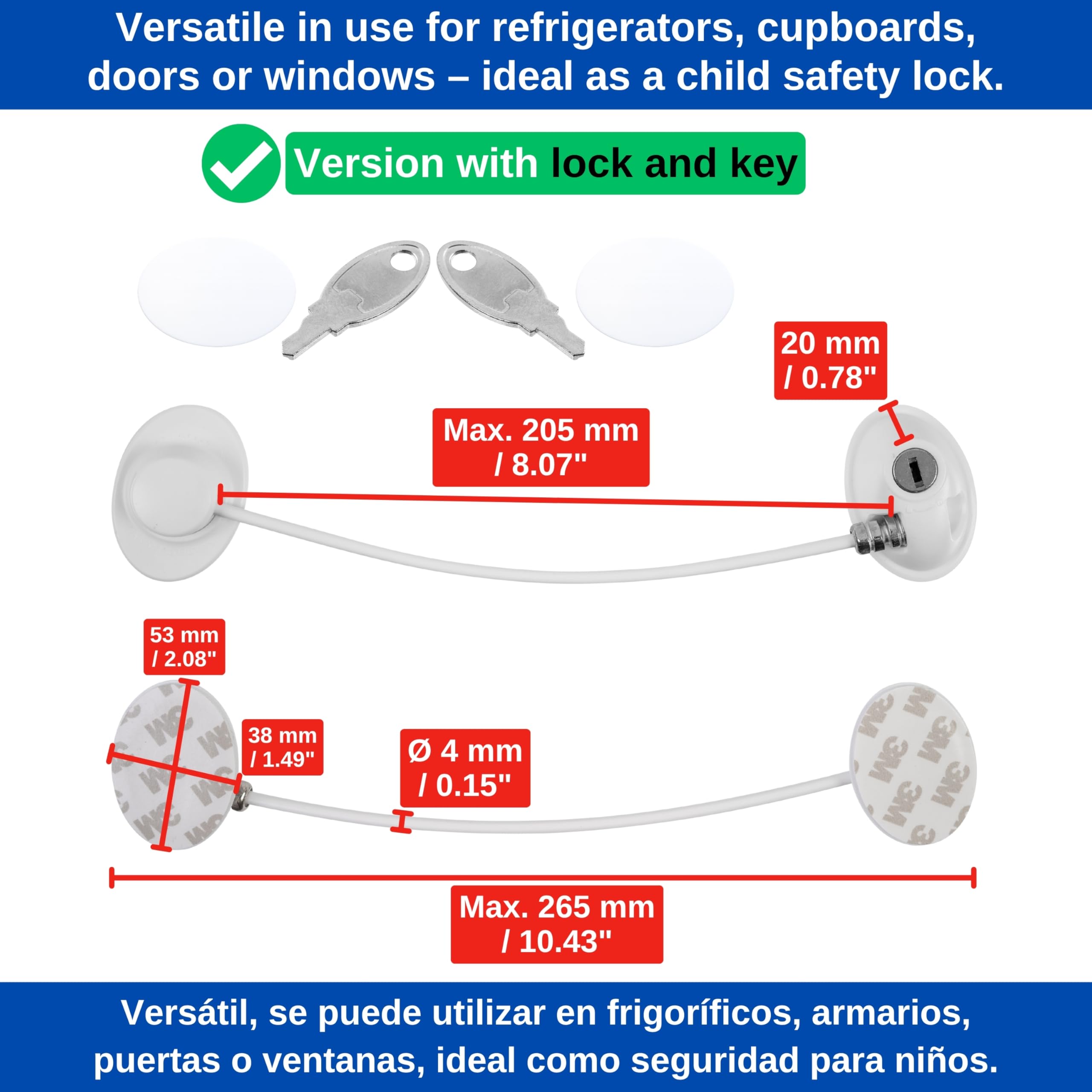 Sécurité adhésive avec serrure, 1 pack, en blanc, deux clés, pastilles adhésives de rechange, serrure adhésive verrouillable pour réfrigérateur, armoire, porte, fenêtre, sécurité enfant avec clé