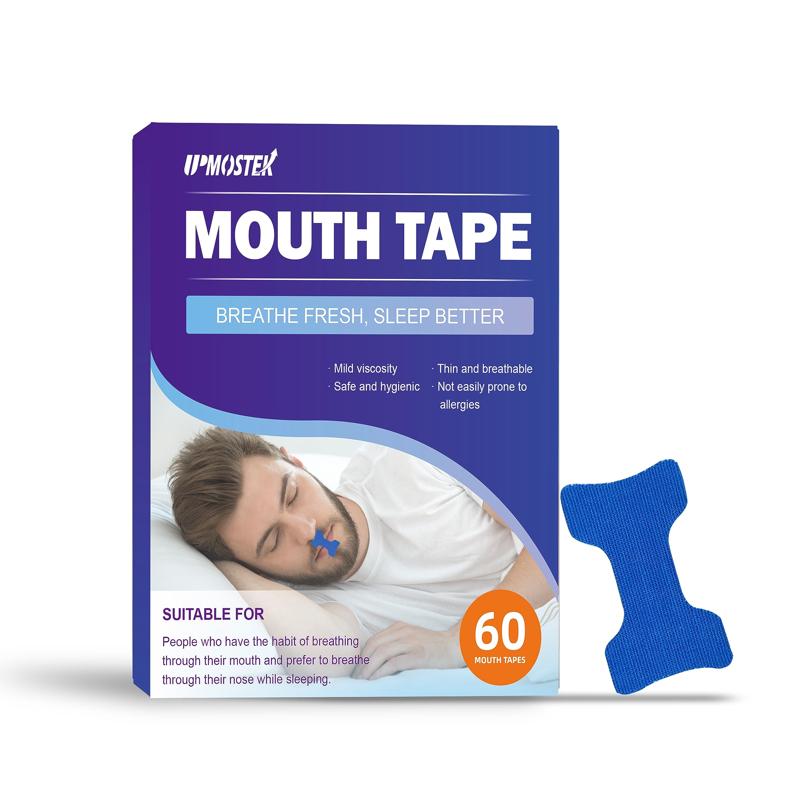 Mouth Tape for Sleeping, 60 Pcs Sleep Mouth Tape, Snoring Aids for Men Women, Helps Stop Snoring and Develops Nasal Breathing Habits (Fishtail Blue)