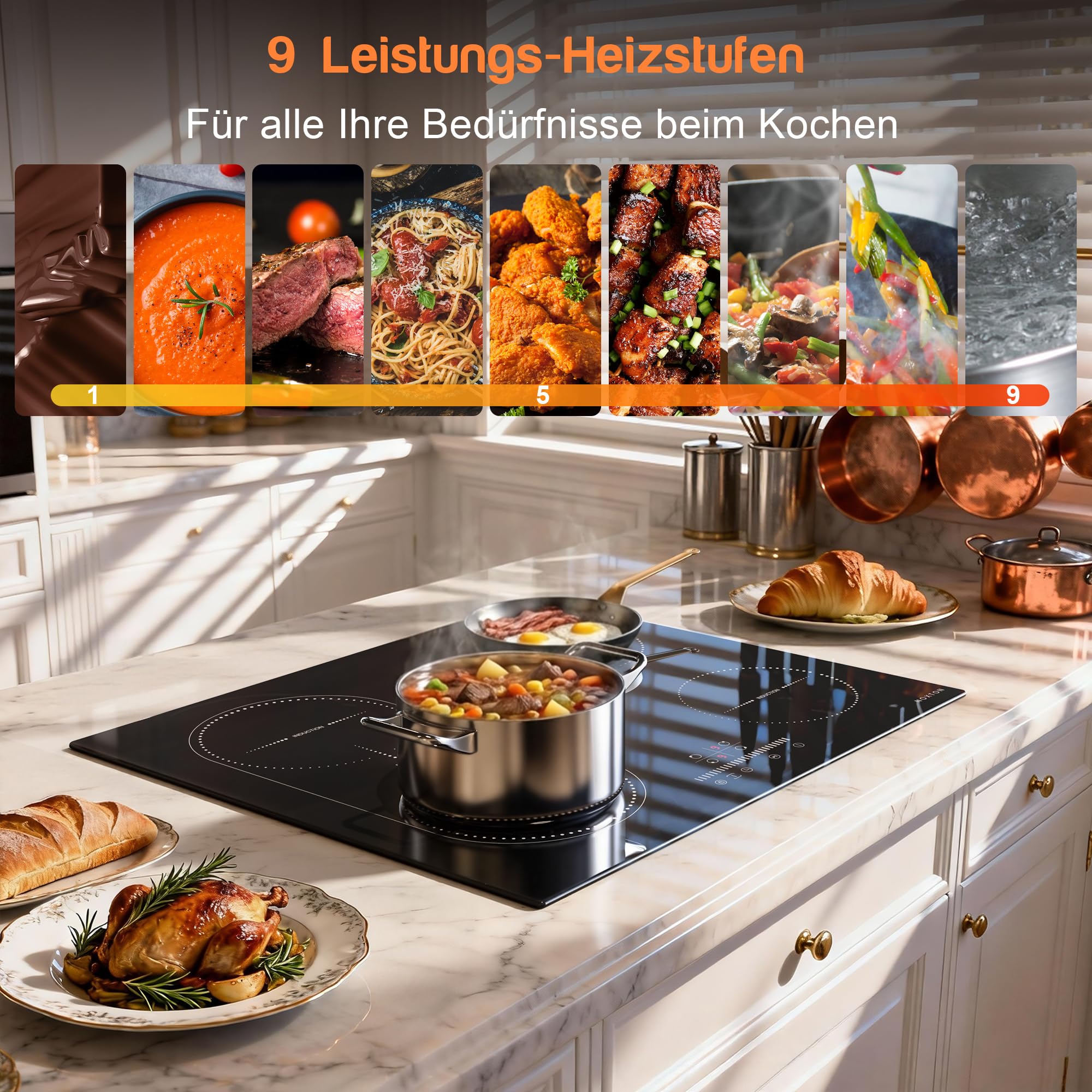 NOXTON Induktionskochfeld 60 cm, Einbau kochfeld induktion 4 Platten, 3500W | Flexzonen, Stecker, Schieberegler, Timer, Pausenfunktion, Kindersicherung, 220V-240V, Induktionskochplatte