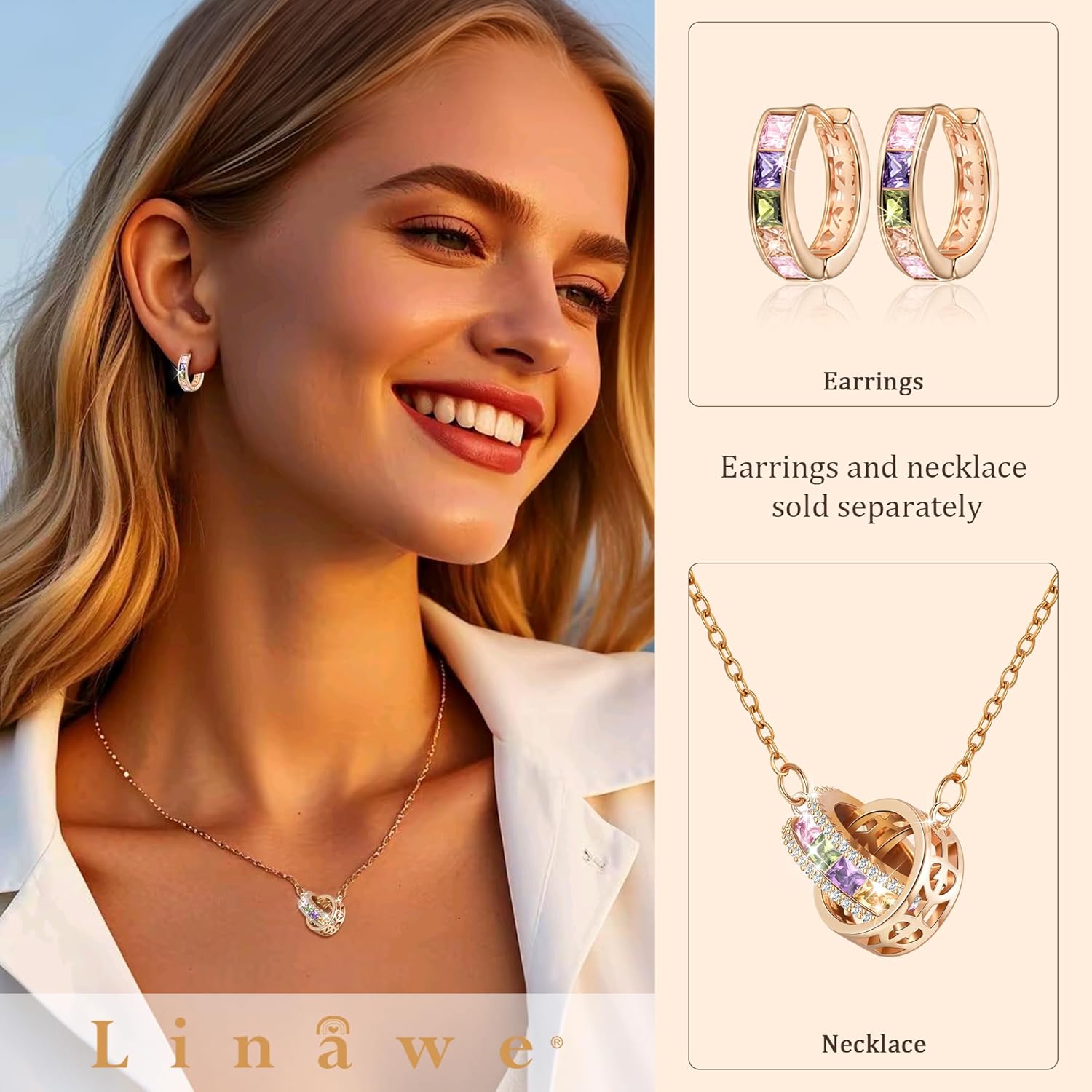 Linawe Moissanite Crystal Imitation Diamond Necklace for Women Trendy, Birthstone Rhinestone Dainty Jewelry, Circle Pendant Stainless Steel Chain Necklaces, Gold, Rose Gold and Silver Tones - Image 3