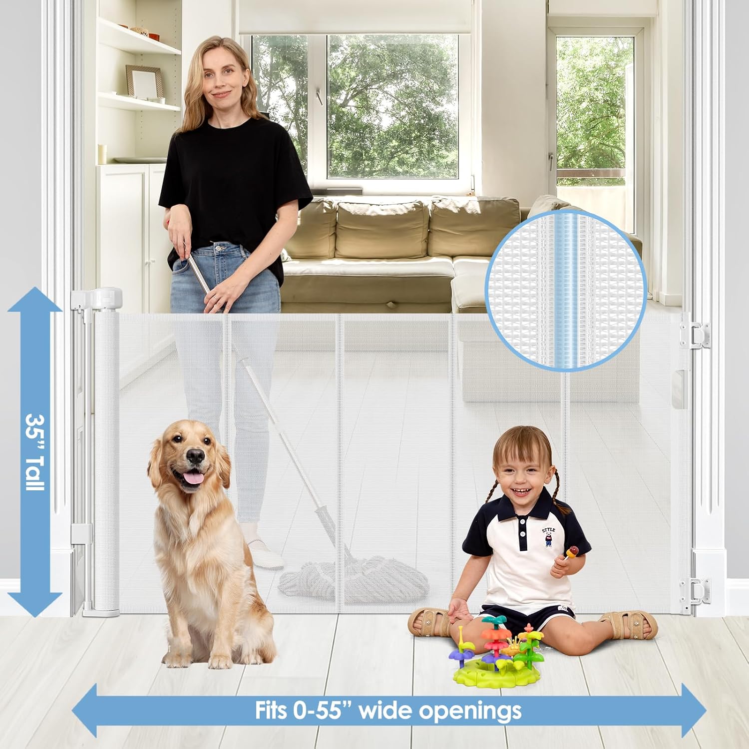 Reinforced Retractable Baby Gates for Stairs & Banister, Mesh Dog Gate for Stair Post, 55" Wide x 33" Tall, Pet Safety Gate for Stairway, Indoor & Outdoor Use (White)