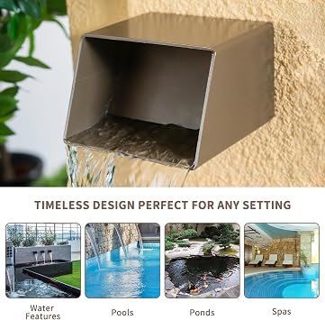 PONDO 6 Square Outdoor Water Fountain Spout - Stainless Steel 316 Spillway Scupper with Contemporary Design for Pools, Ponds, Water Walls, and Fountains (Brown)