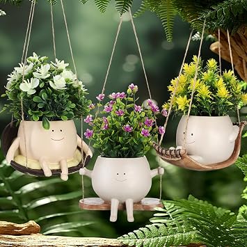 Nuogo 3 Pack Hanging Swing Chair Planter Pots Cute Wall Hanging Planter Pot Swing Face Pot with Drainage Holes Head Pots for Indoor Outdoor Plant Home DecorCute