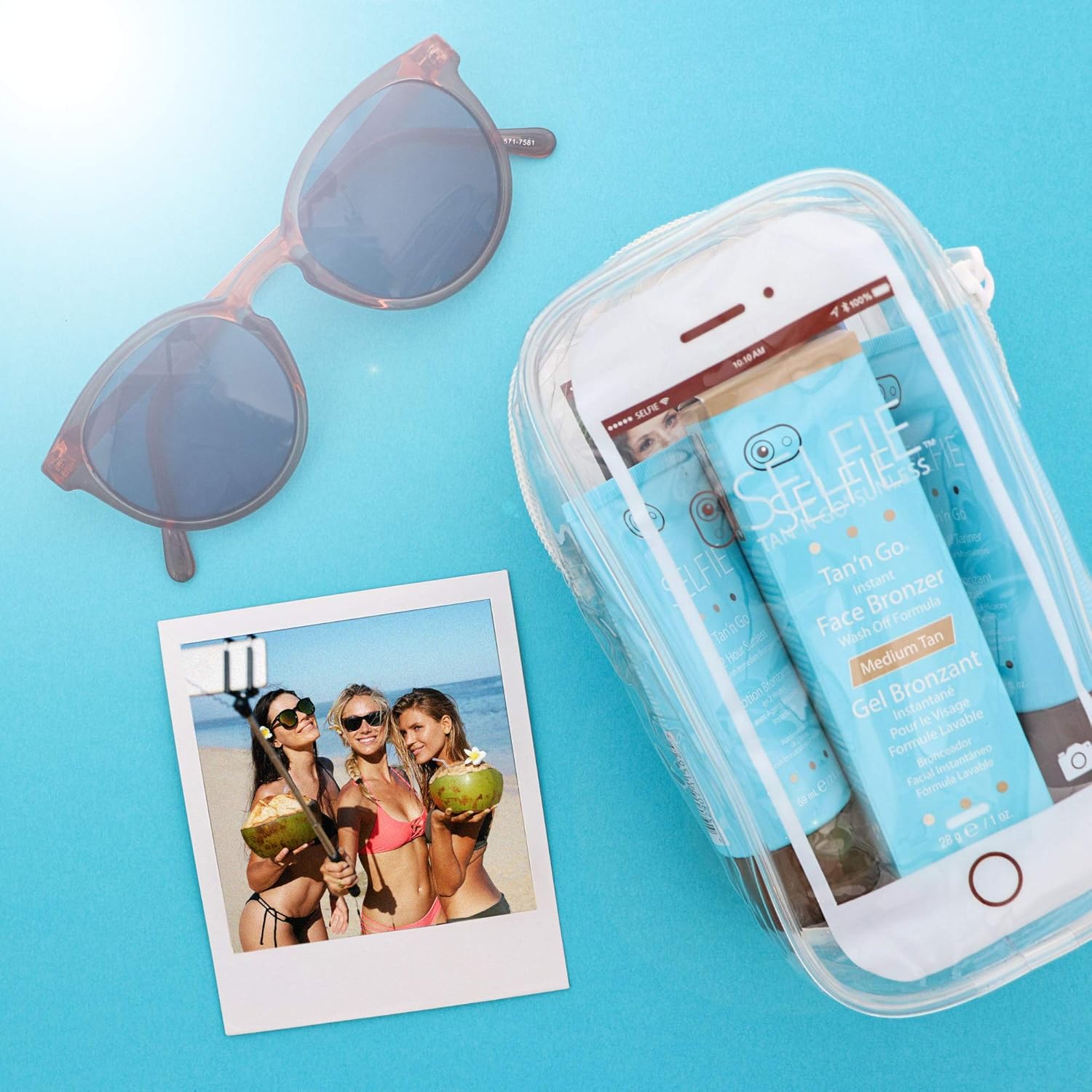 Selfie Tan'n Go Mini Travel Kit (Instant Face Bronzer 1 oz, Gradual Tanner 2 oz, 2 Hour Sunless Lotion 2 oz) Rich & Exotic Natural Looking Instant Tan For Body and Face & All Skin Types, 1 Kit Each